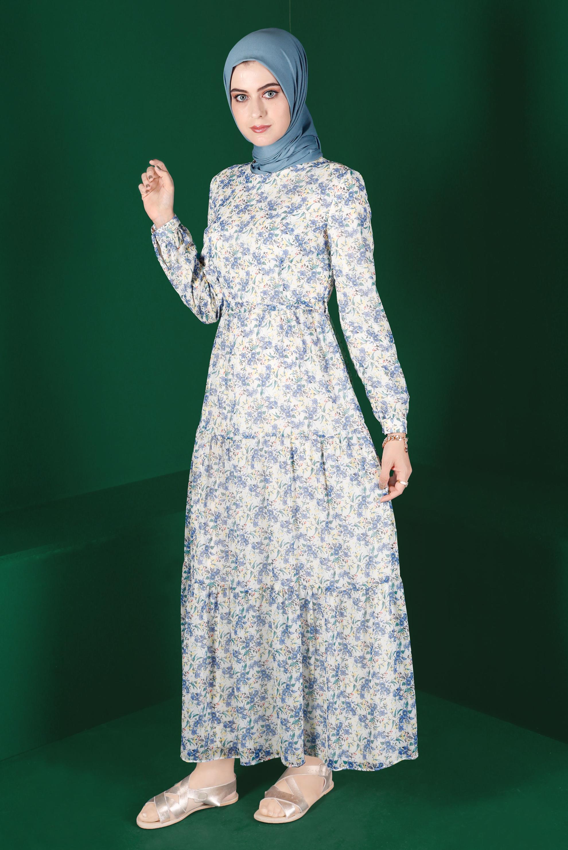 Tesettür giyim LACİVERT KUŞAKLI ÇİÇEK DESENLİ ELBİSE 42892 