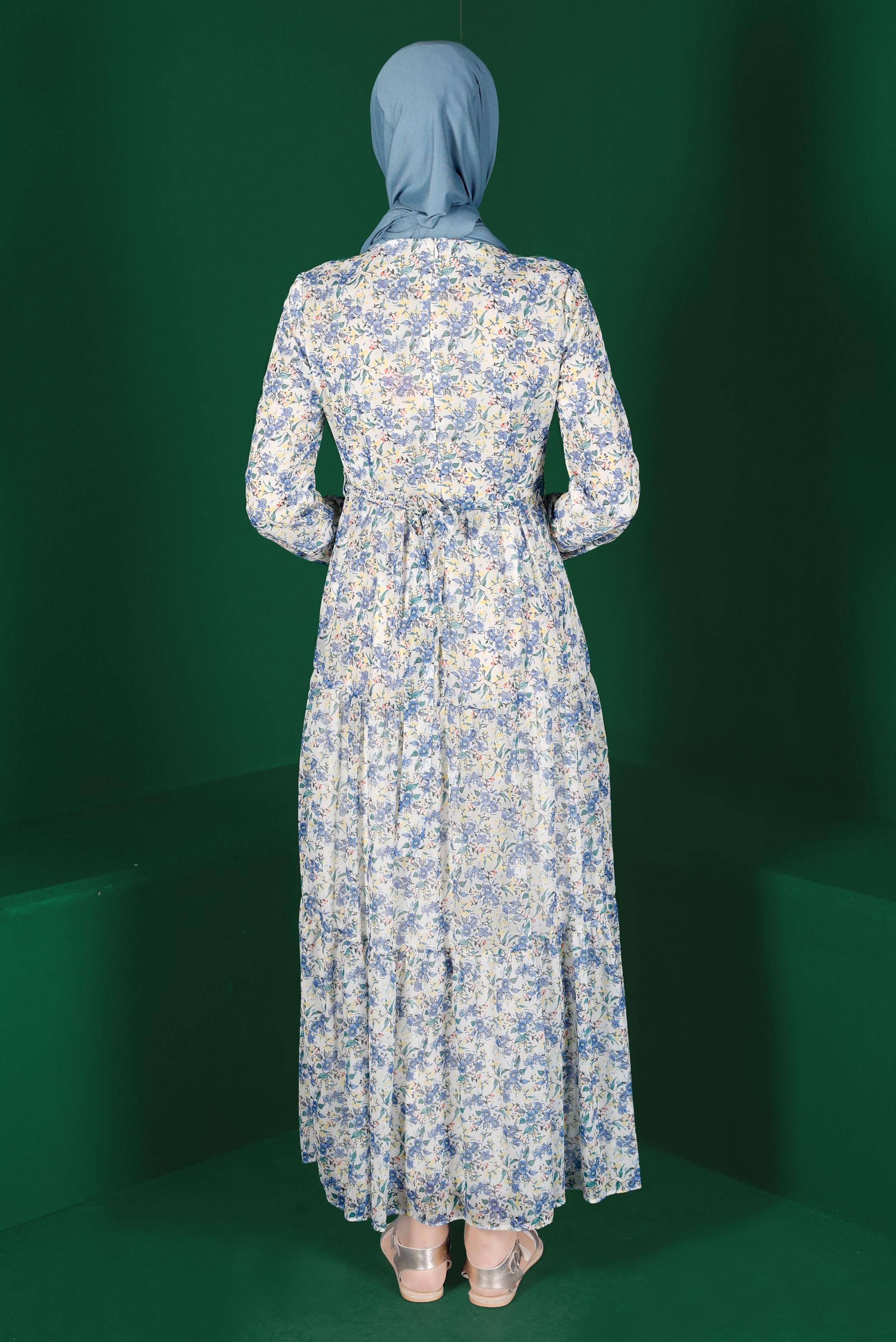 Tesettür giyim LACİVERT KUŞAKLI ÇİÇEK DESENLİ ELBİSE 42892 