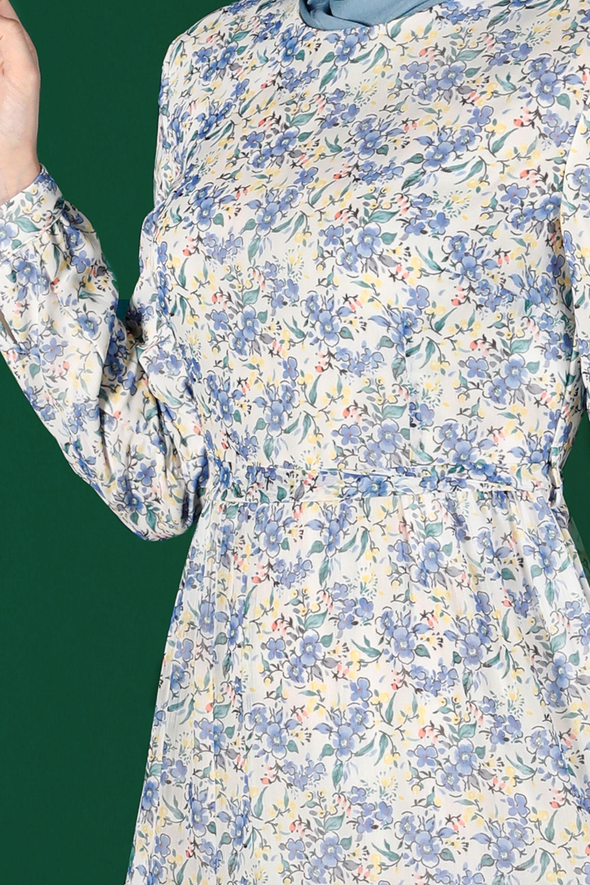 Tesettür giyim LACİVERT KUŞAKLI ÇİÇEK DESENLİ ELBİSE 42892 