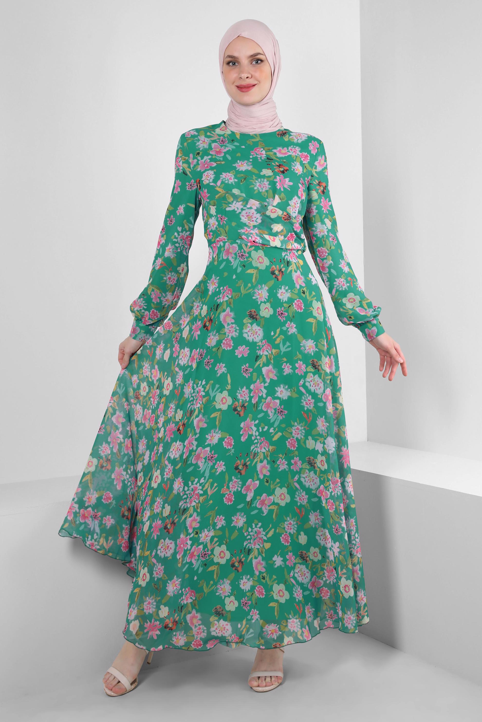 Tesettür giyim YEŞİL ÇİÇEK DESENLİ BİSİKLET YAKA ELBİSE 42893