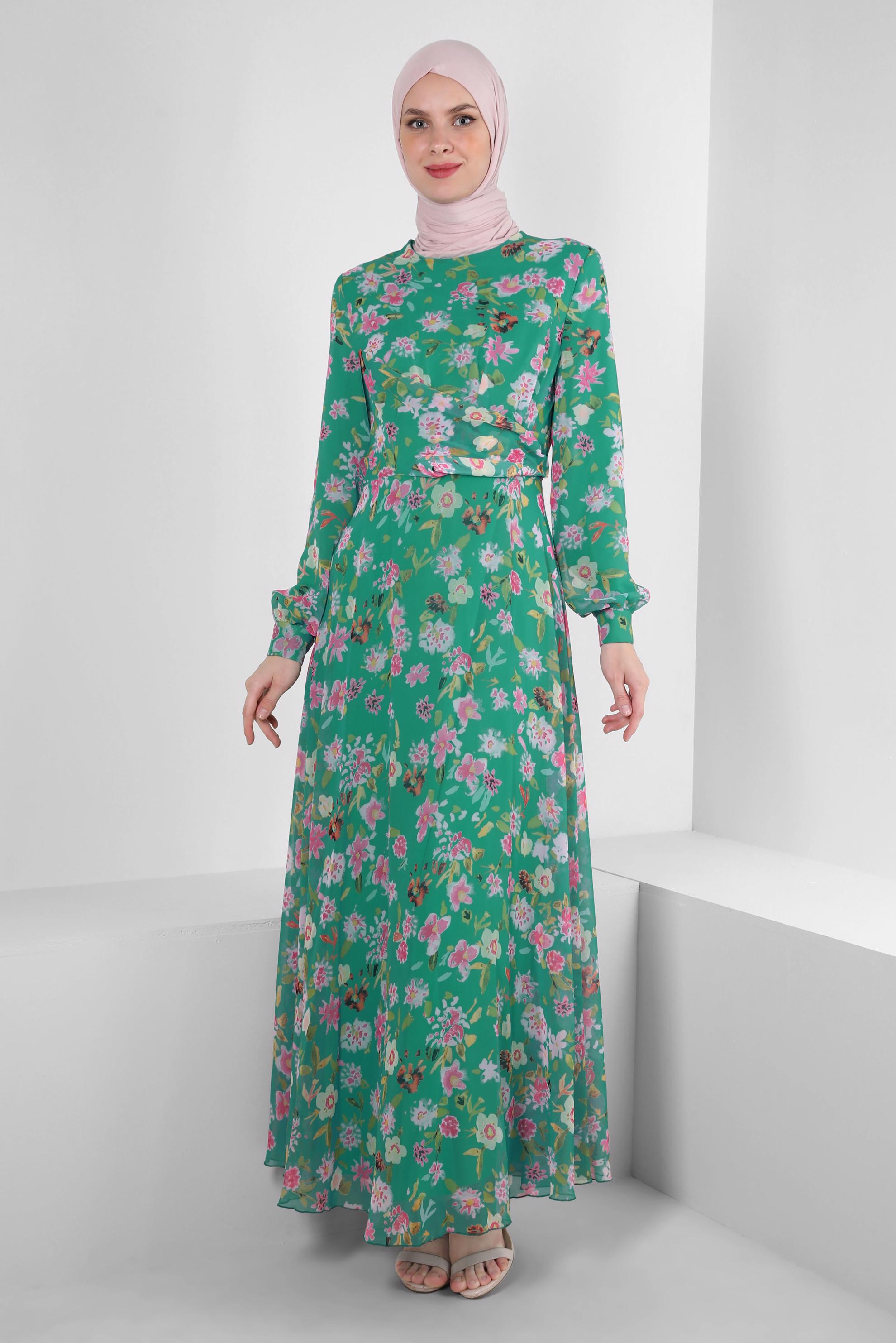 Tesettür giyim YEŞİL ÇİÇEK DESENLİ BİSİKLET YAKA ELBİSE 42893