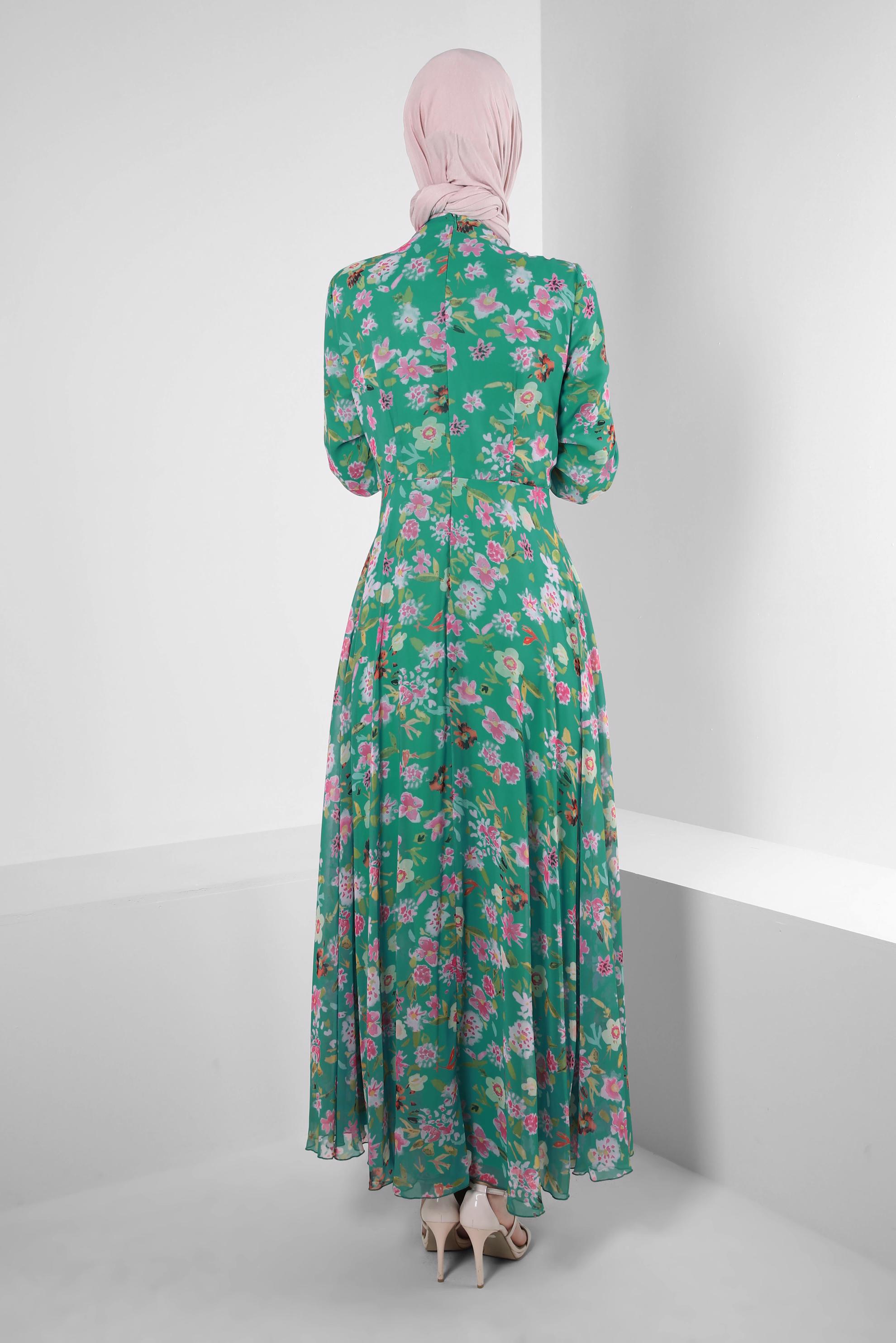 Tesettür giyim YEŞİL ÇİÇEK DESENLİ BİSİKLET YAKA ELBİSE 42893