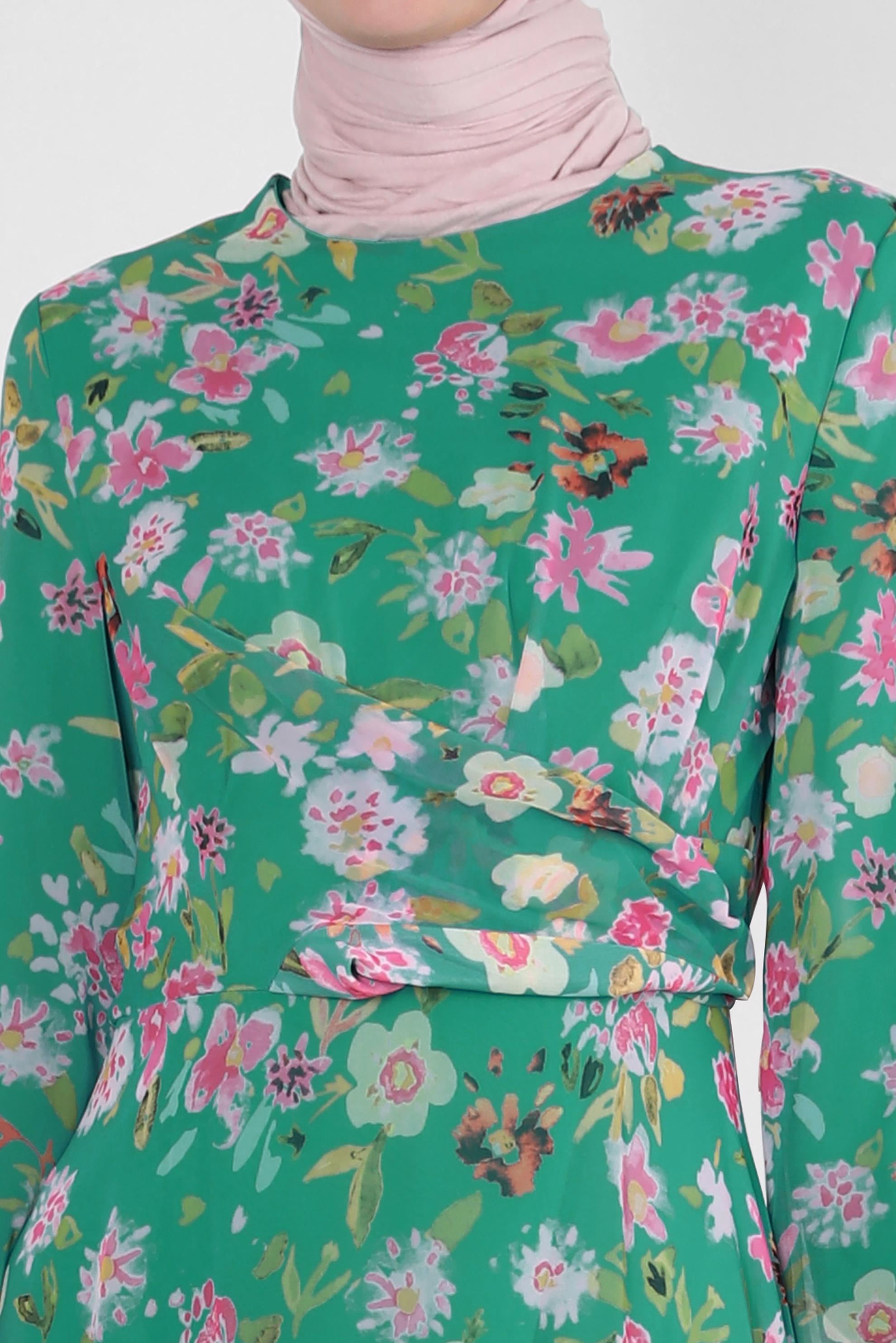 Tesettür giyim YEŞİL ÇİÇEK DESENLİ BİSİKLET YAKA ELBİSE 42893