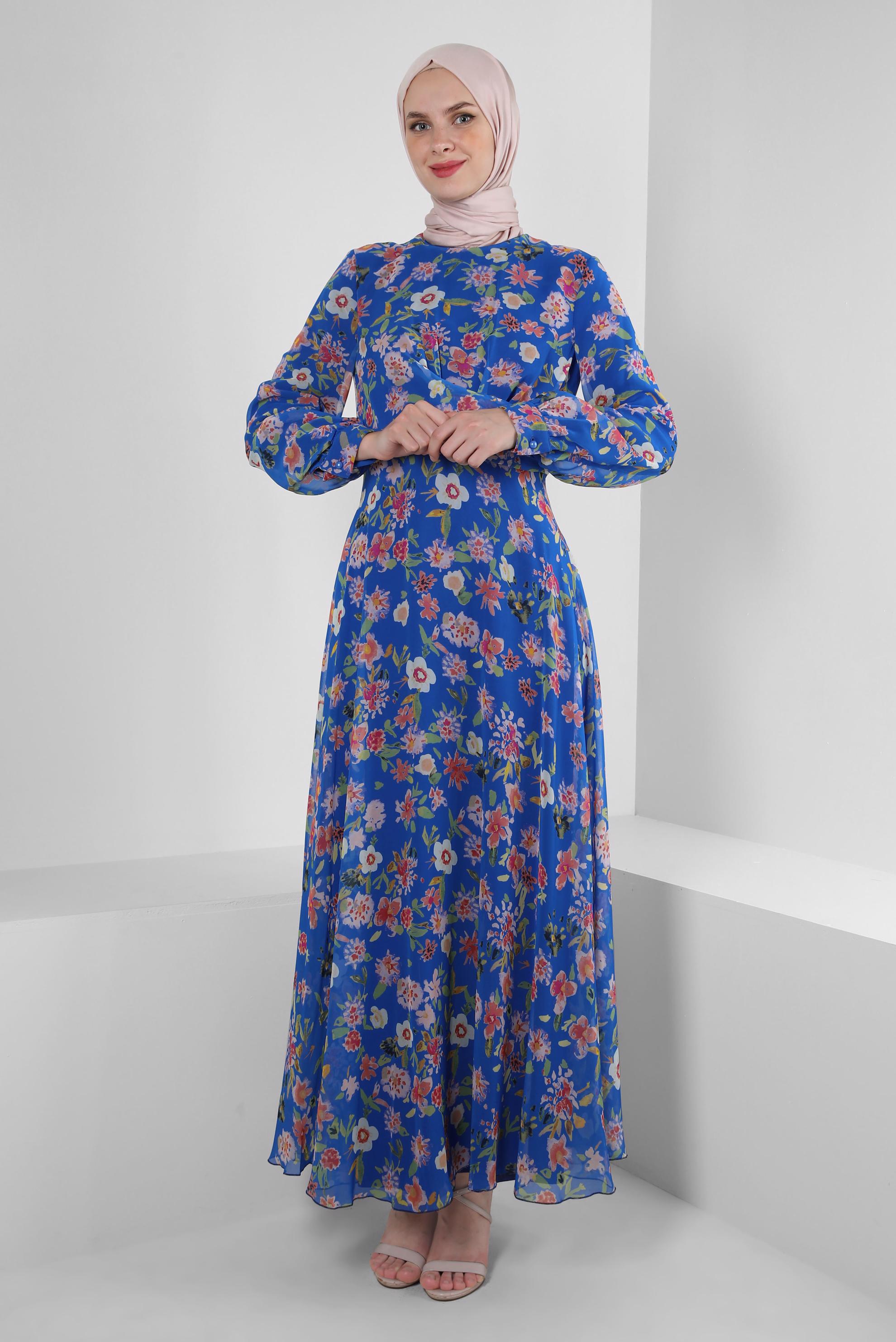 Tesettür giyim LACİVERT ÇİÇEK DESENLİ BİSİKLET YAKA ELBİSE 42893