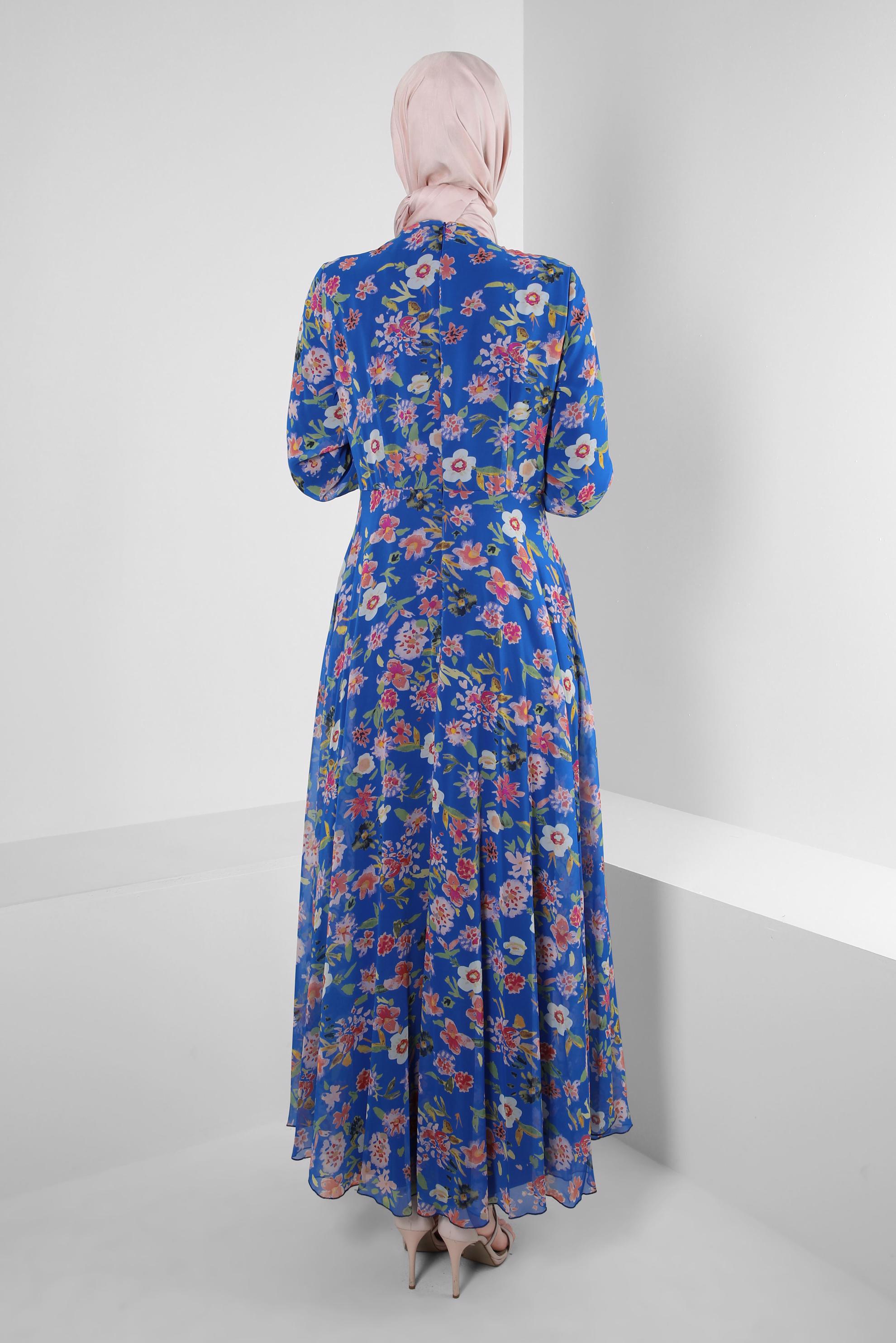 Tesettür giyim LACİVERT ÇİÇEK DESENLİ BİSİKLET YAKA ELBİSE 42893