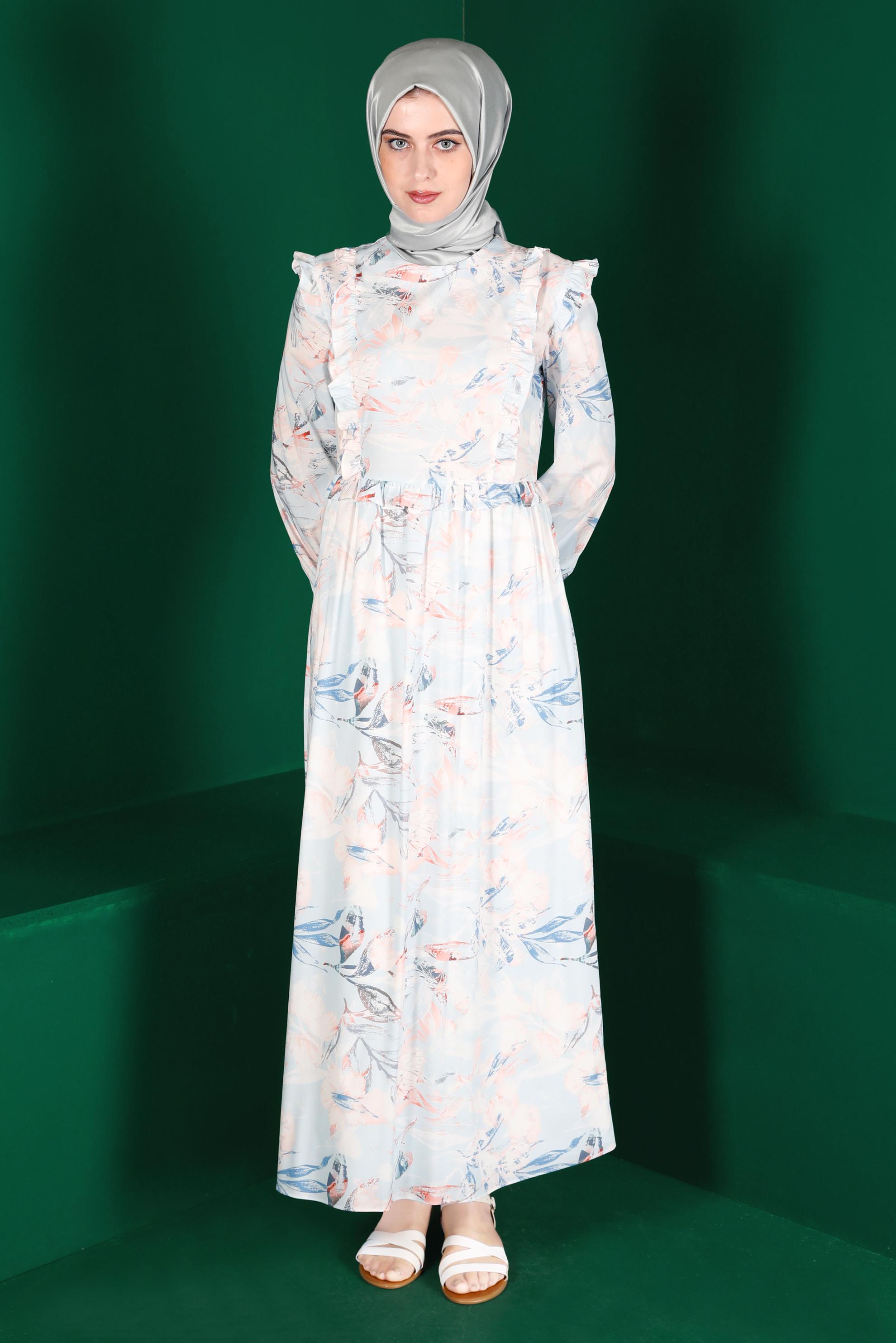 Tesettür giyim MAVİ FIRFIRLI DESENLİ ELBİSE 42905 