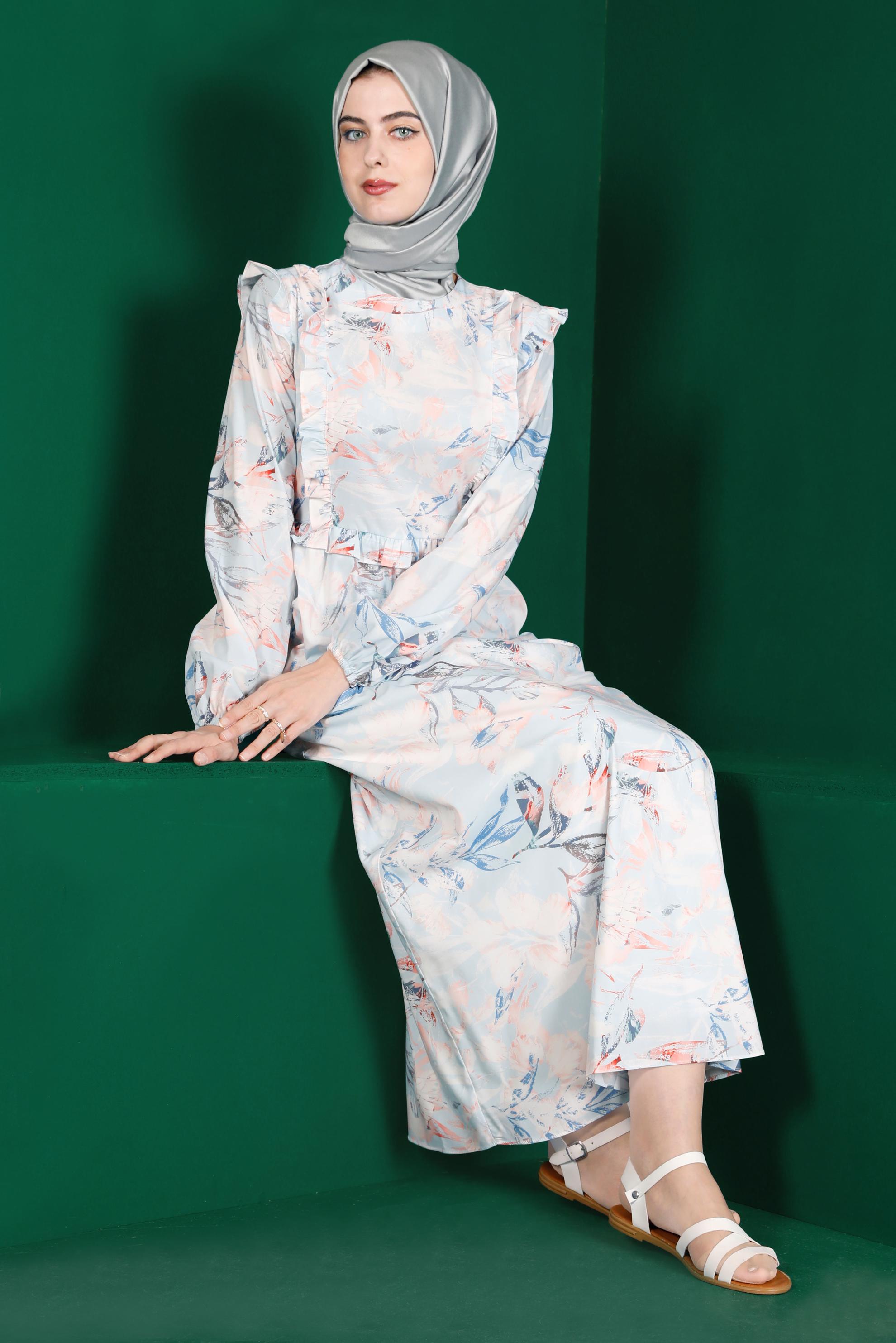 Tesettür giyim MAVİ FIRFIRLI DESENLİ ELBİSE 42905 