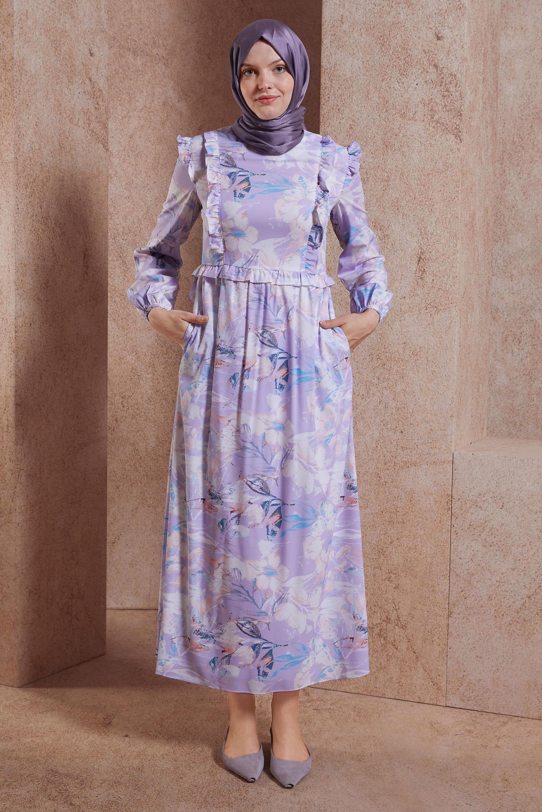 Hijab clothing PURPLE RUFFLED PATTERNED DRESS 42905 