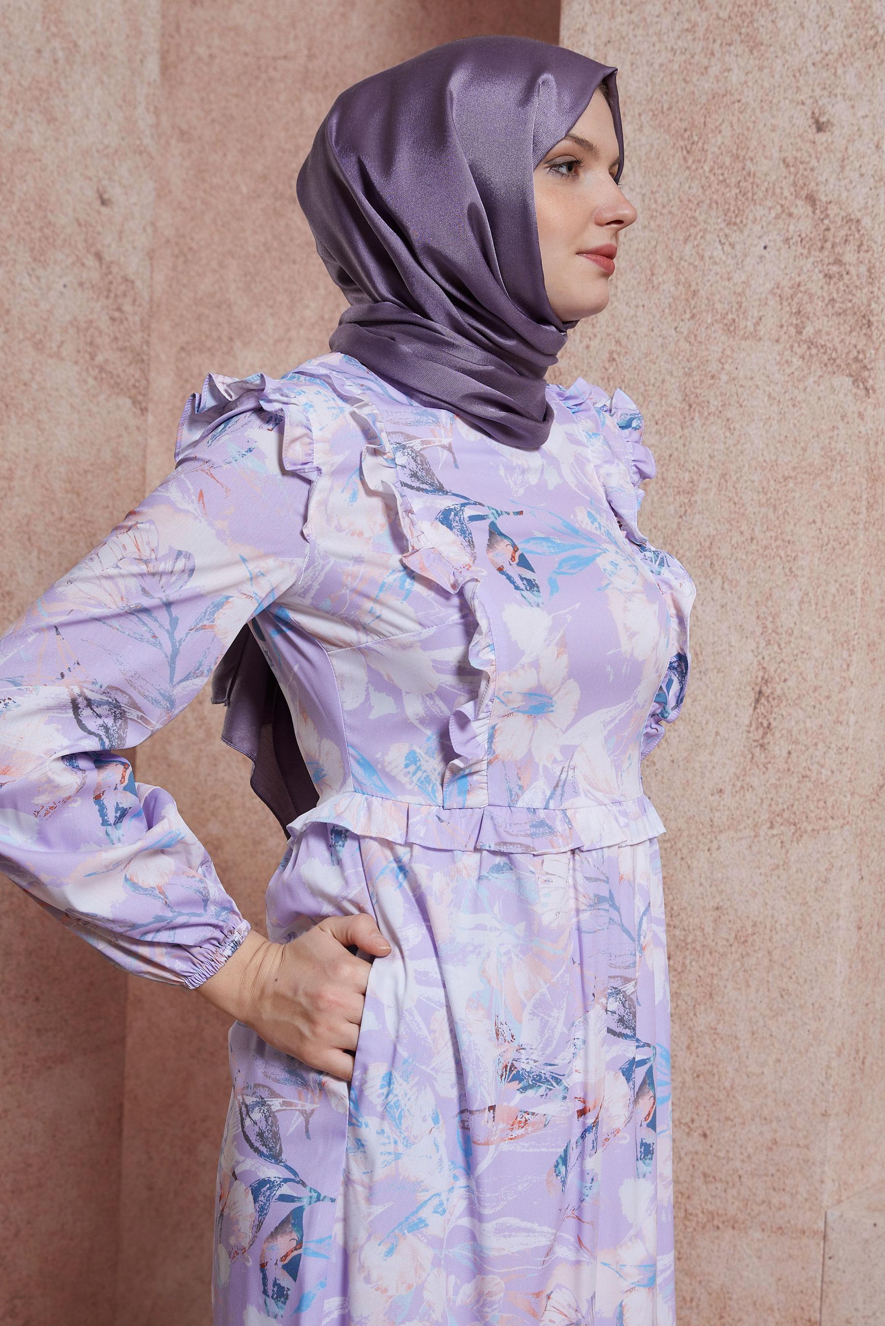 Hijab clothing PURPLE RUFFLED PATTERNED DRESS 42905 