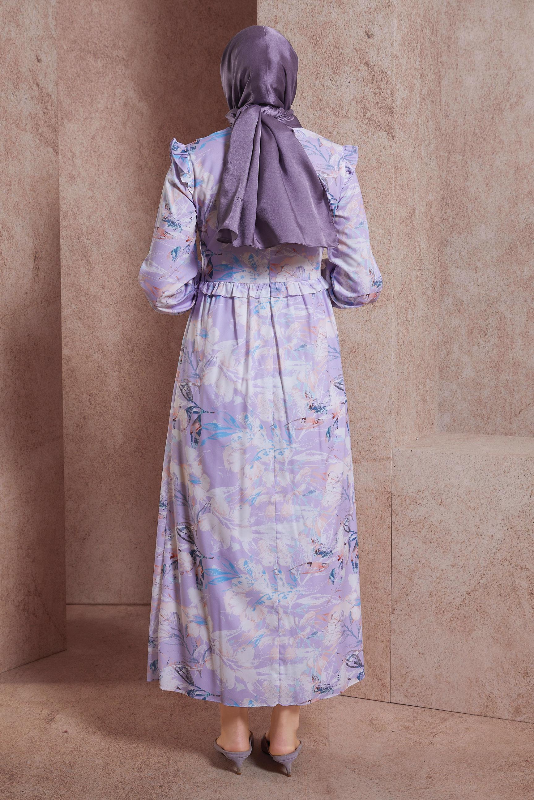 Hijab clothing PURPLE RUFFLED PATTERNED DRESS 42905 
