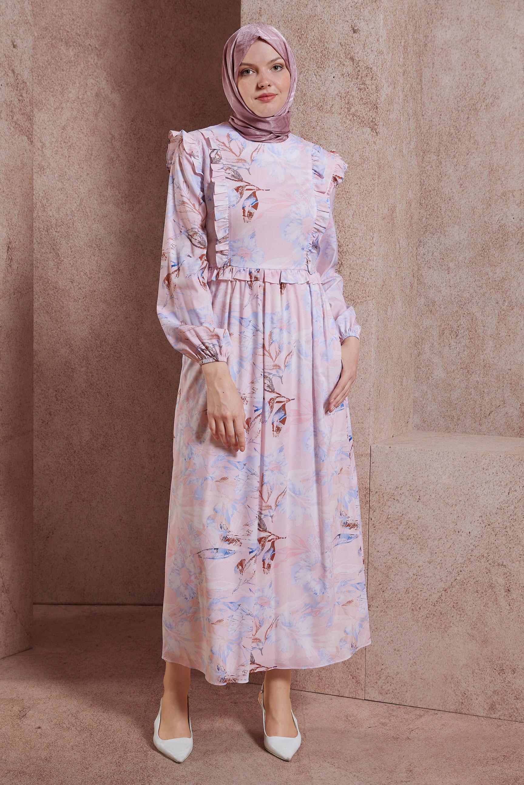 Tesettür giyim PEMBE FIRFIRLI DESENLİ ELBİSE 42905 