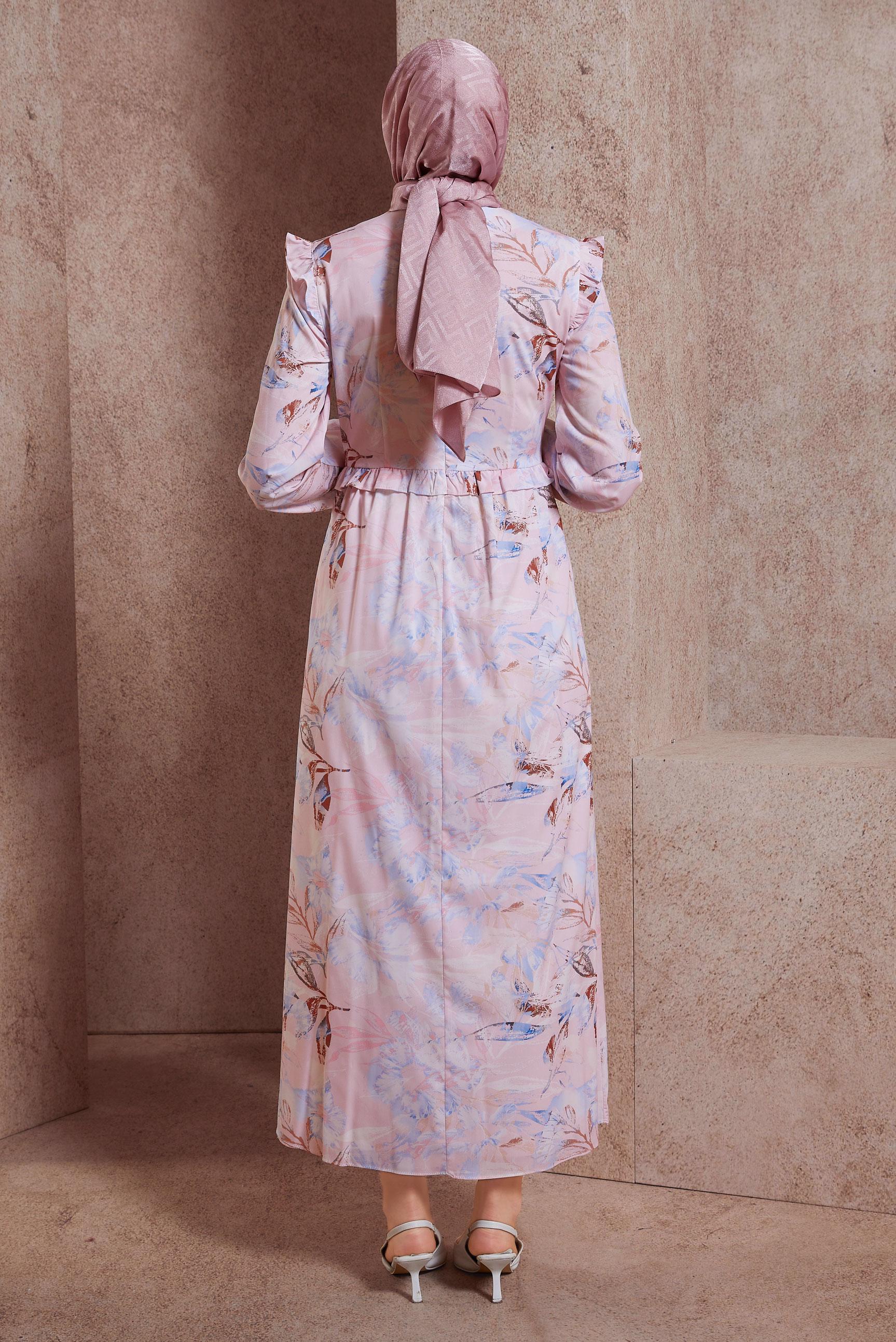 Tesettür giyim PEMBE FIRFIRLI DESENLİ ELBİSE 42905 