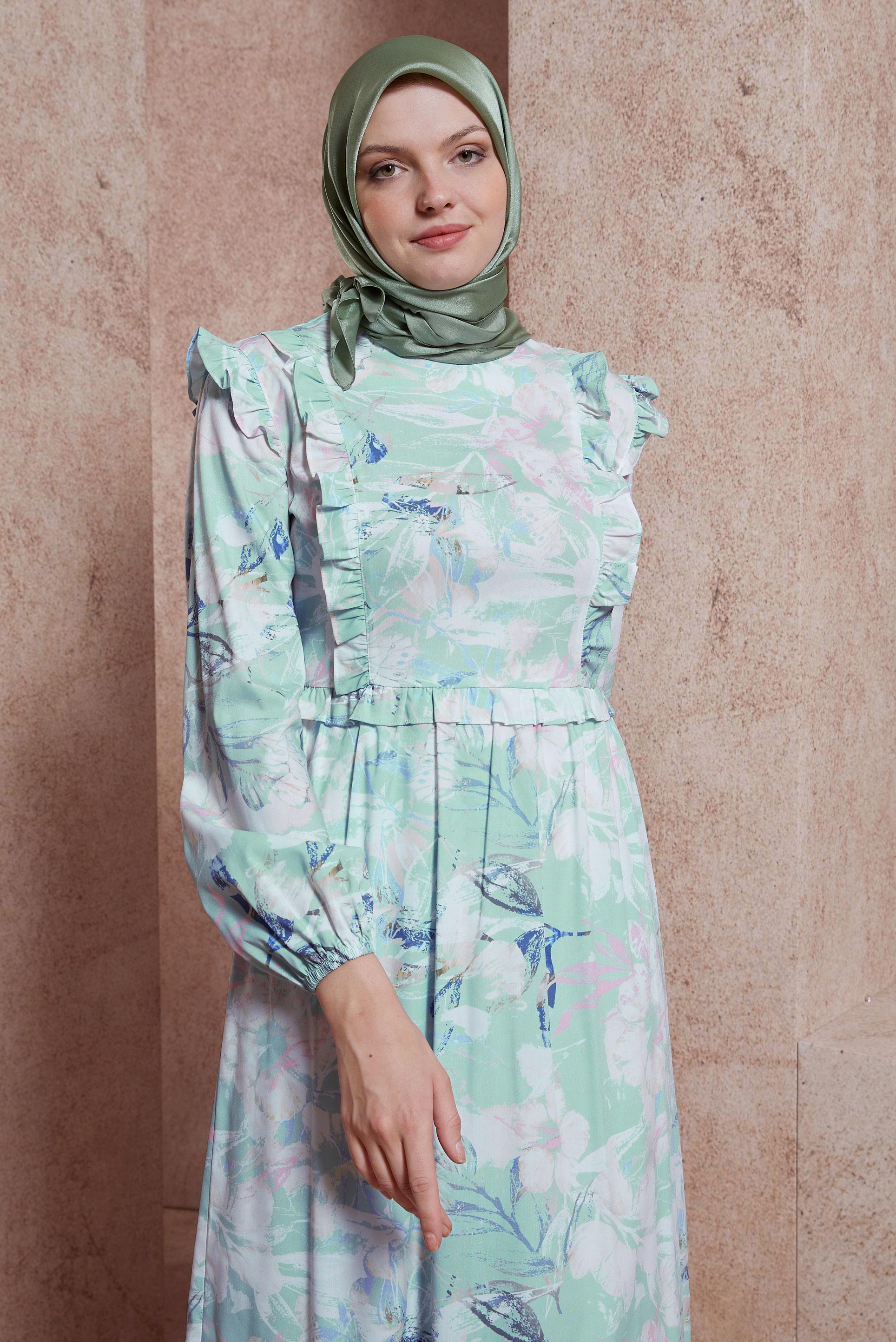 Tesettür giyim YEŞİL FIRFIRLI DESENLİ ELBİSE 42905 