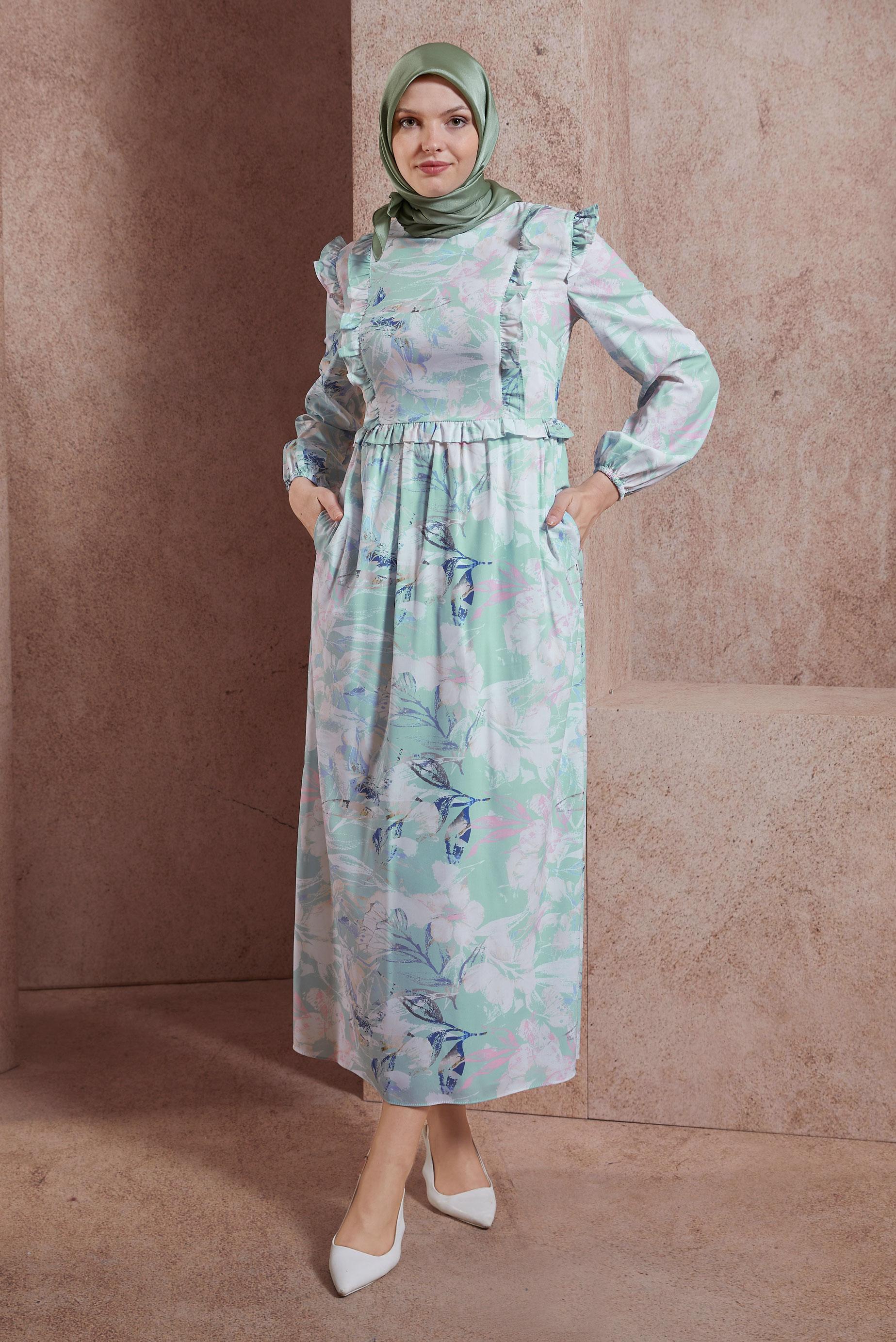 Tesettür giyim YEŞİL FIRFIRLI DESENLİ ELBİSE 42905 