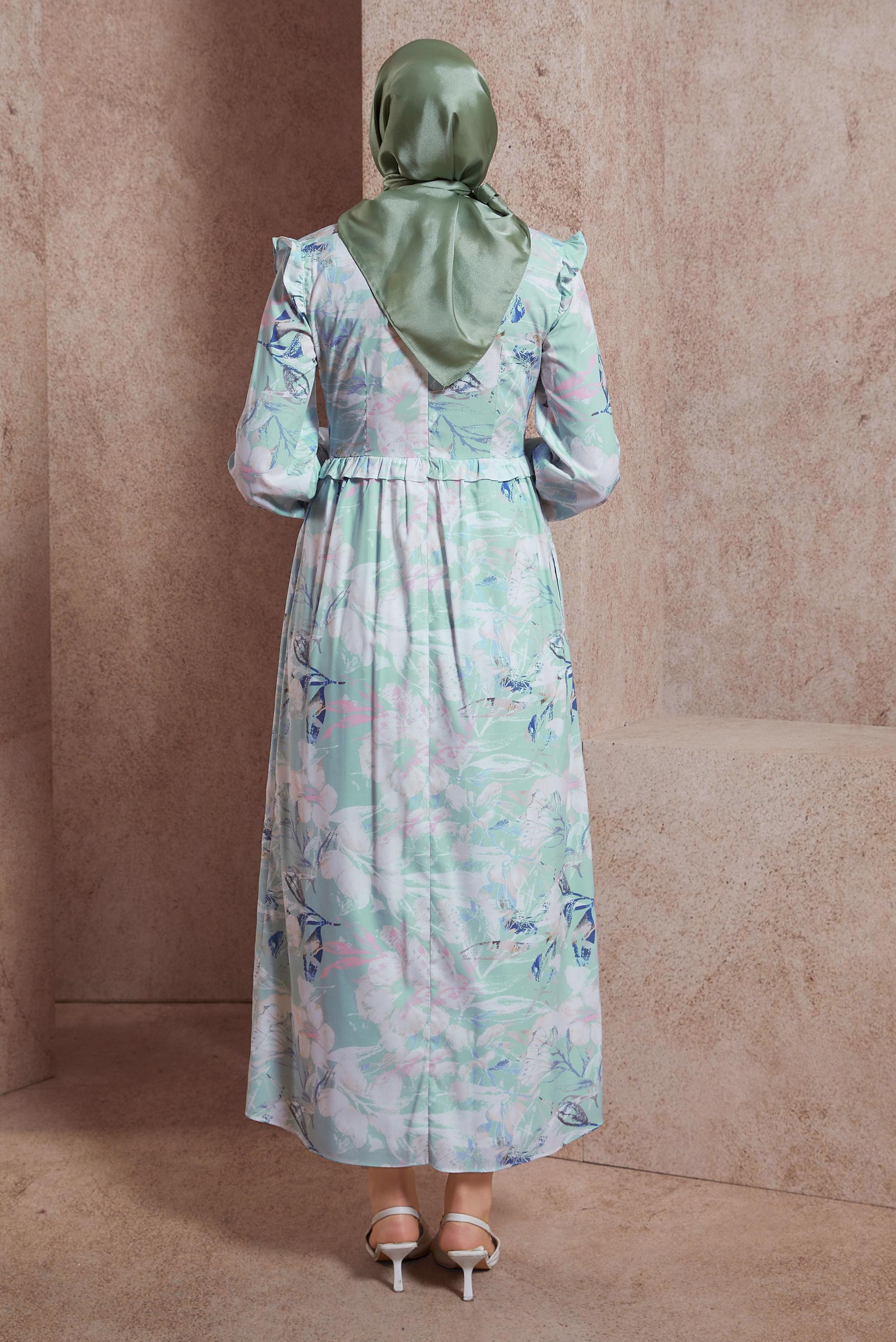 Tesettür giyim YEŞİL FIRFIRLI DESENLİ ELBİSE 42905 