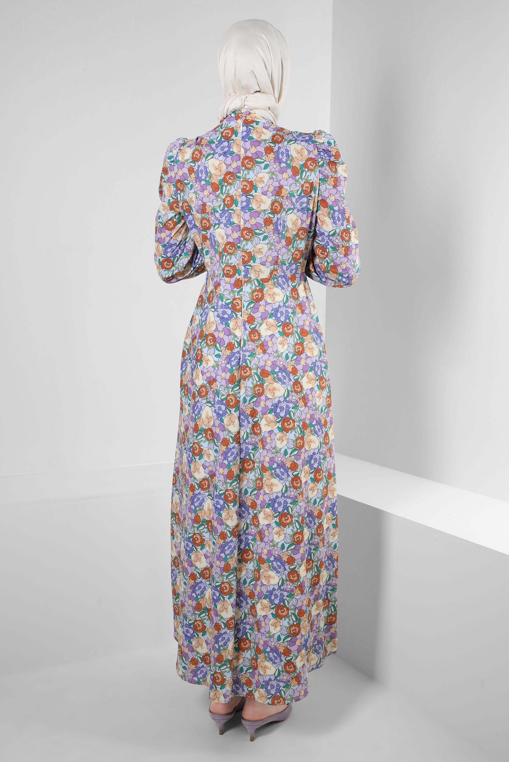 Tesettür giyim MOR ÇİÇEK DESENLİ YAKASI BAĞLAMALI ELBİSE 42908