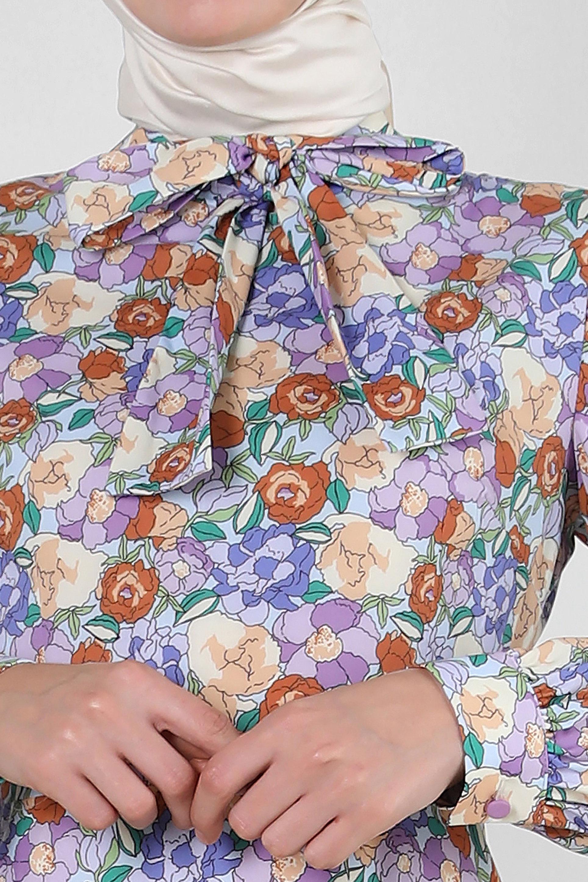 Tesettür giyim MOR ÇİÇEK DESENLİ YAKASI BAĞLAMALI ELBİSE 42908