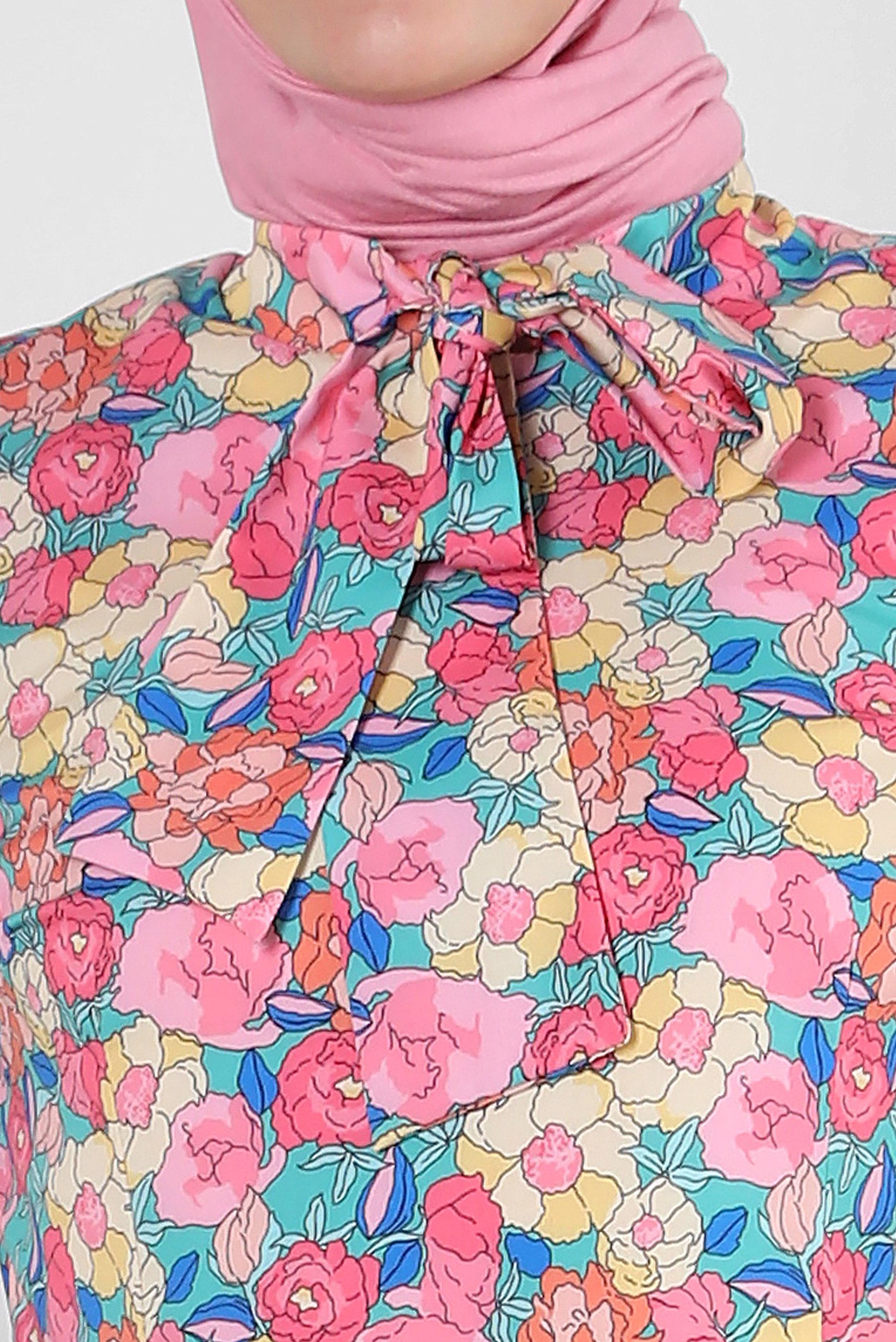 Tesettür giyim PEMBE ÇİÇEK DESENLİ YAKASI BAĞLAMALI ELBİSE 42908