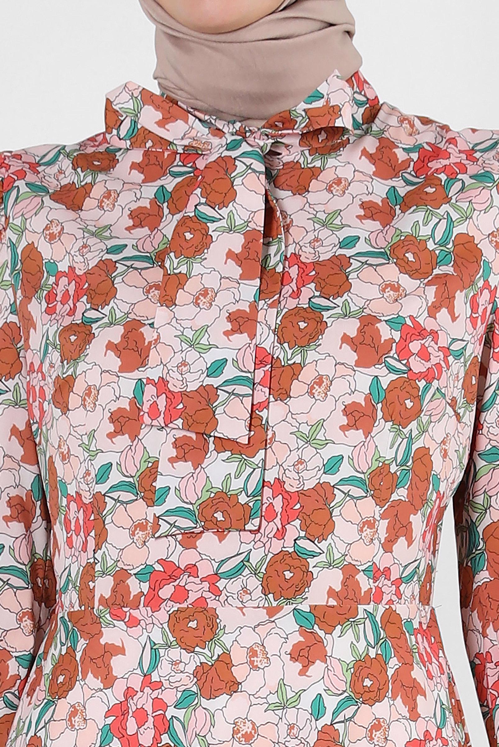 Tesettür giyim TABA ÇİÇEK DESENLİ YAKASI BAĞLAMALI ELBİSE 42908