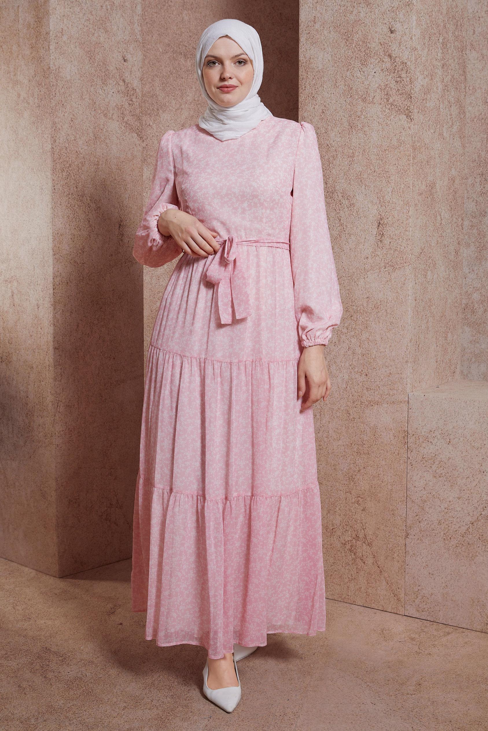 Tesettür giyim PUDRA KUŞAKLI DESENLİ ELBİSE 42910