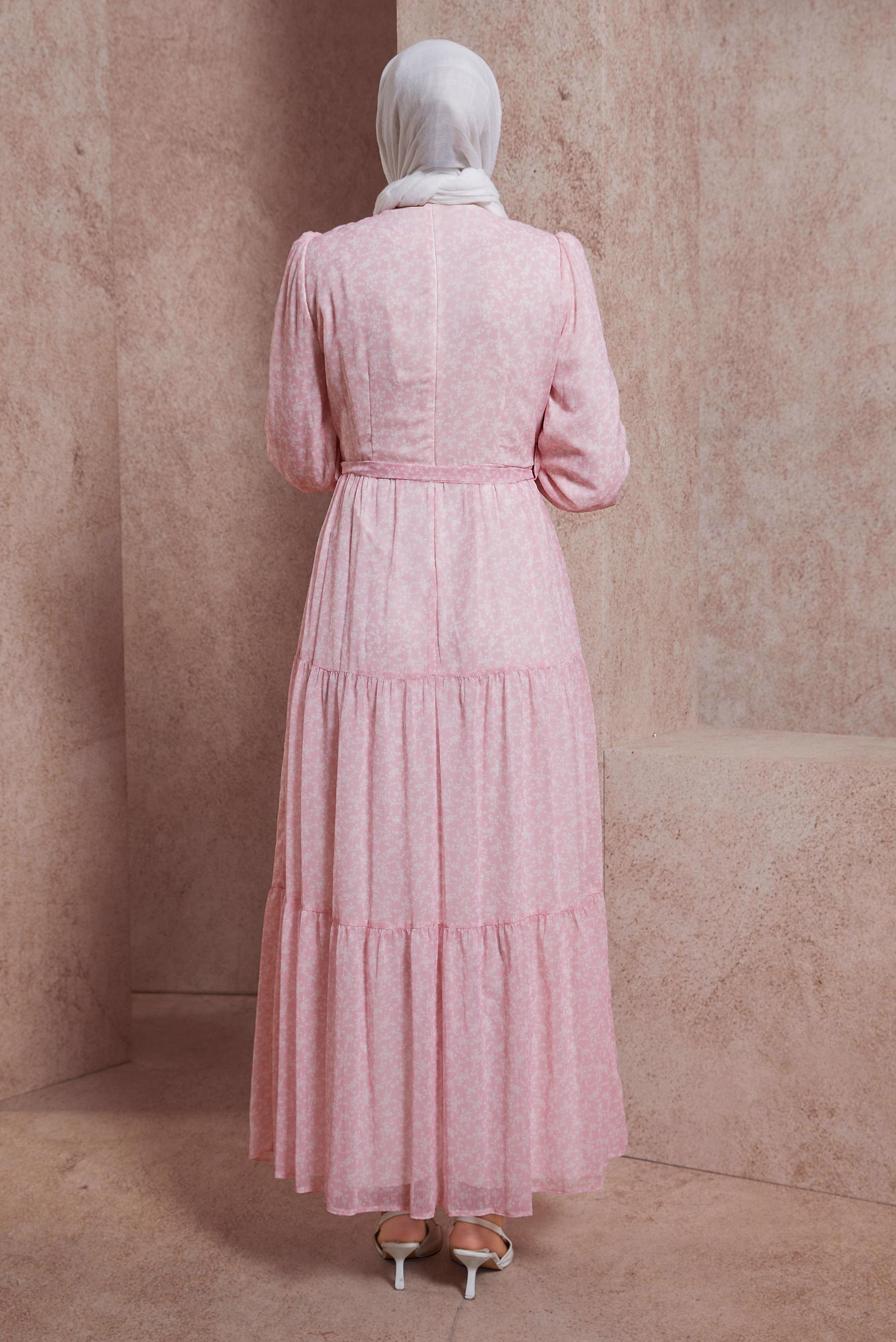 Tesettür giyim PUDRA KUŞAKLI DESENLİ ELBİSE 42910