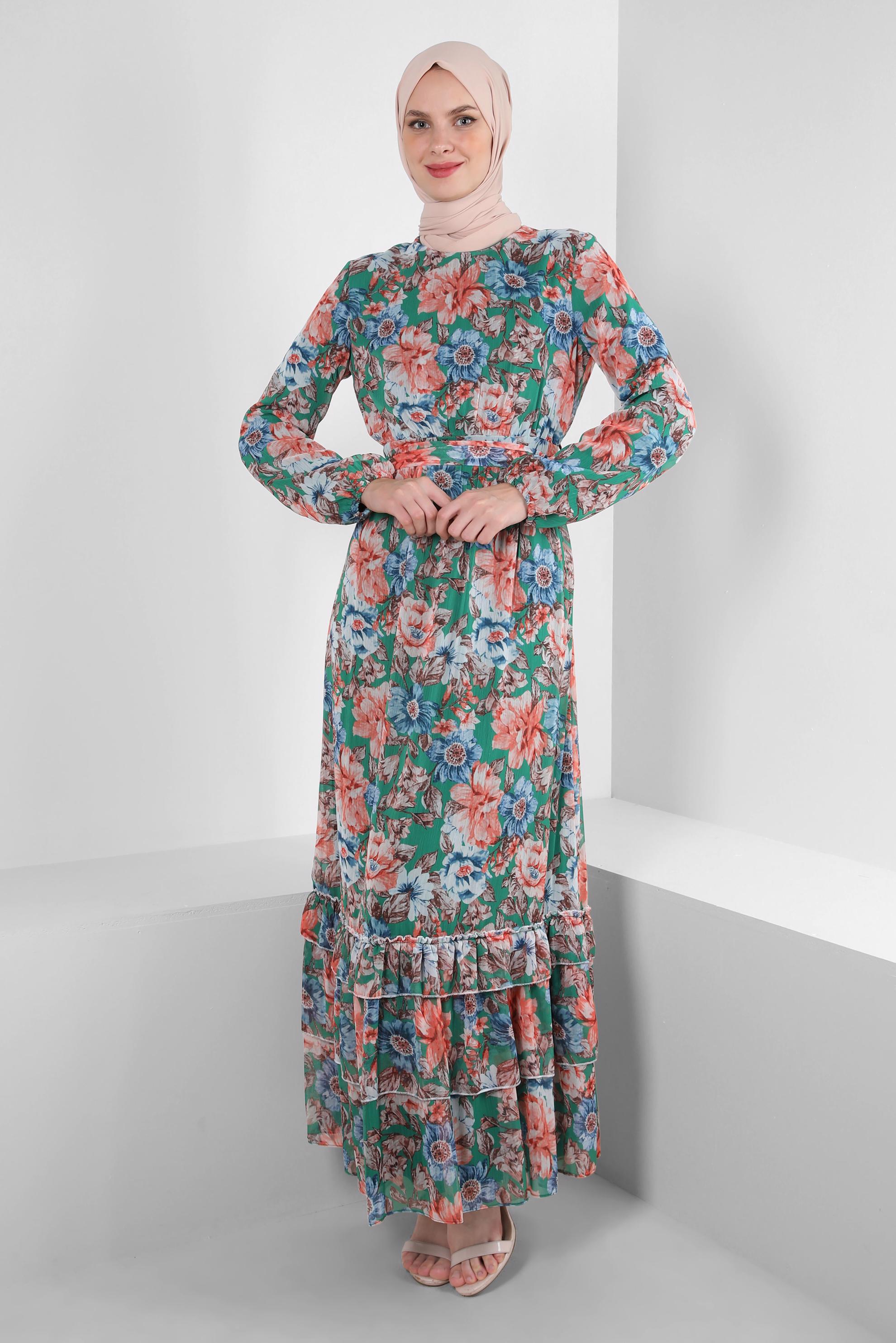 Tesettür giyim YEŞİL ÇİÇEK DESENLİ FIRFIRLI ELBİSE 42913