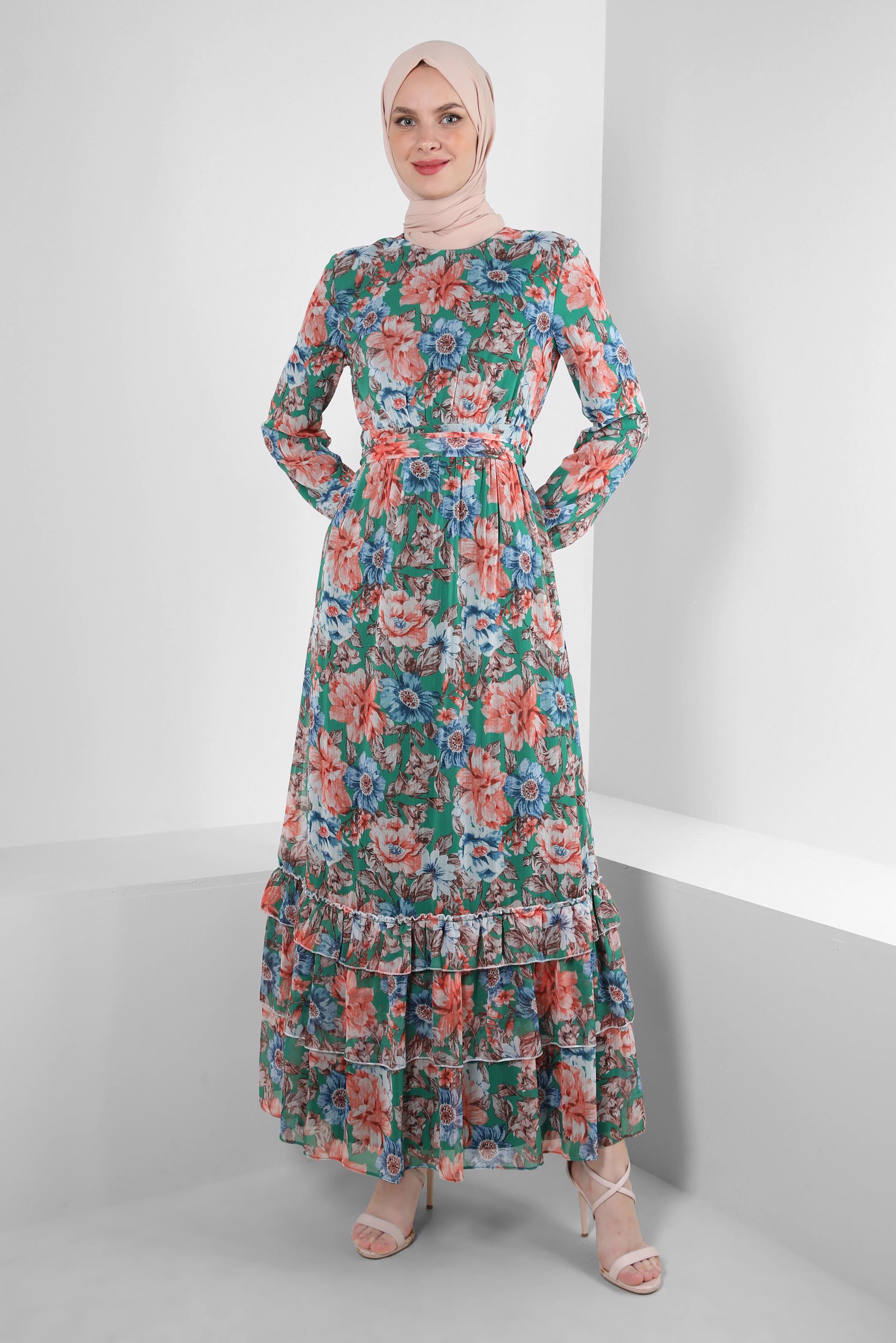 Tesettür giyim YEŞİL ÇİÇEK DESENLİ FIRFIRLI ELBİSE 42913