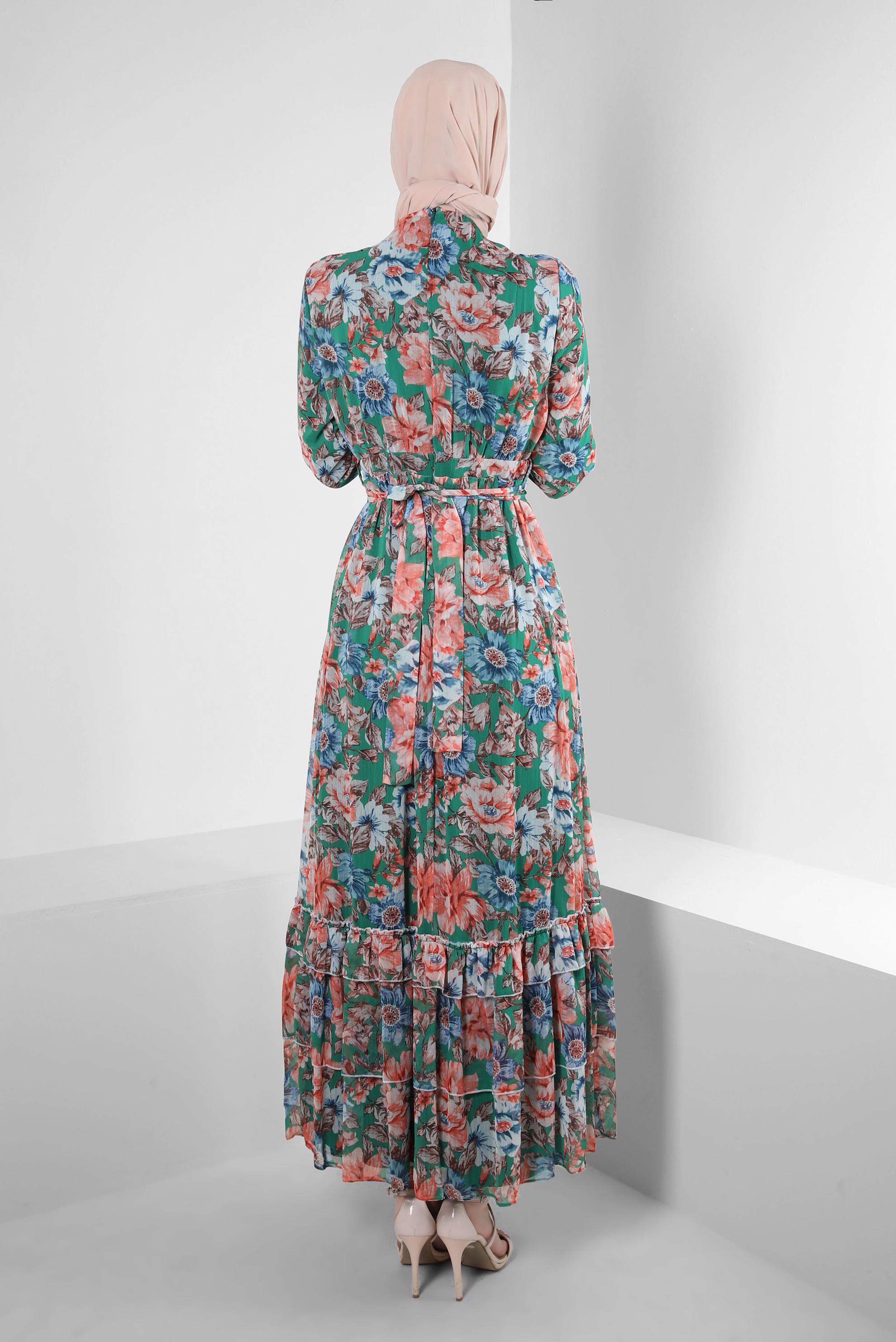 Tesettür giyim YEŞİL ÇİÇEK DESENLİ FIRFIRLI ELBİSE 42913