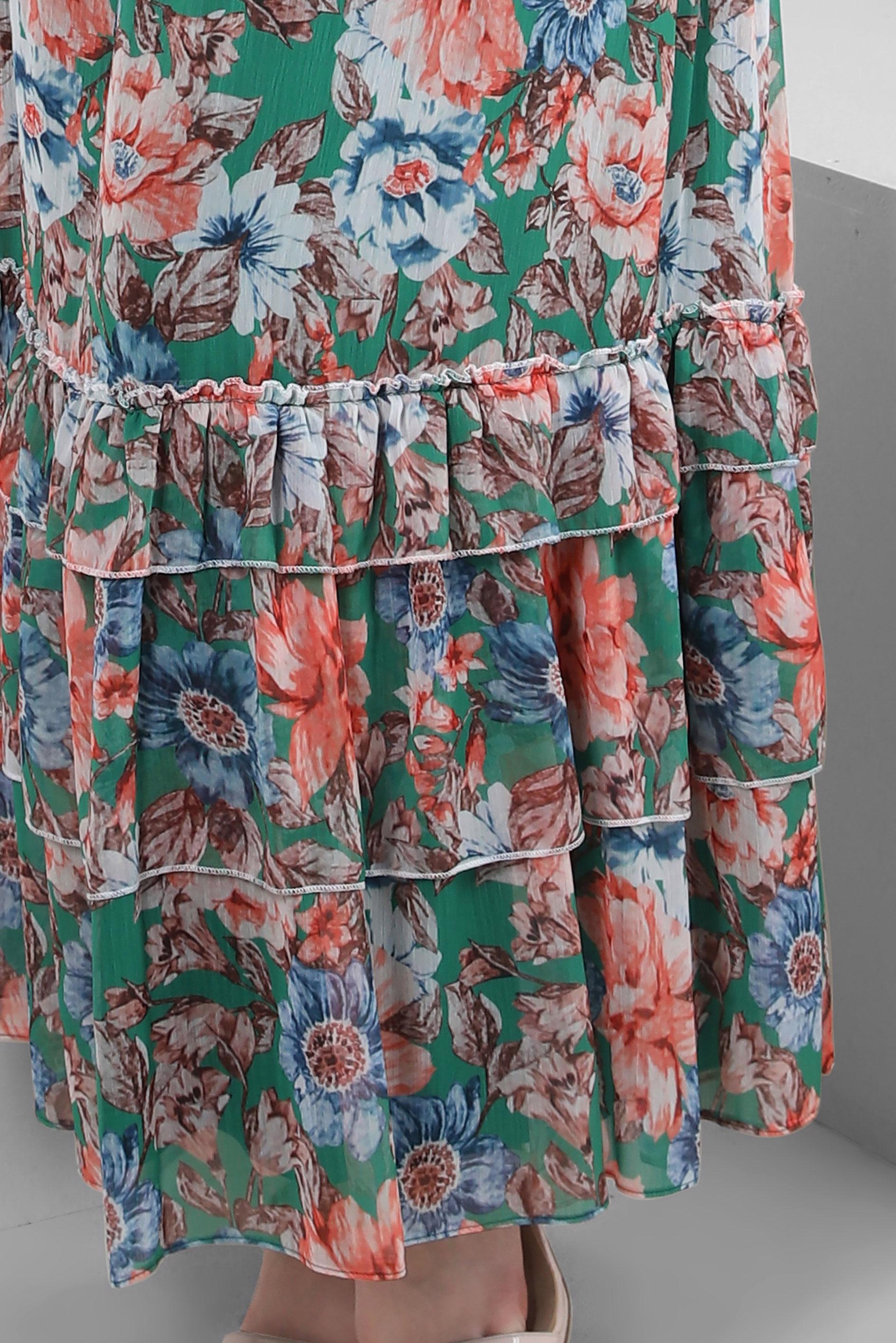 Tesettür giyim YEŞİL ÇİÇEK DESENLİ FIRFIRLI ELBİSE 42913