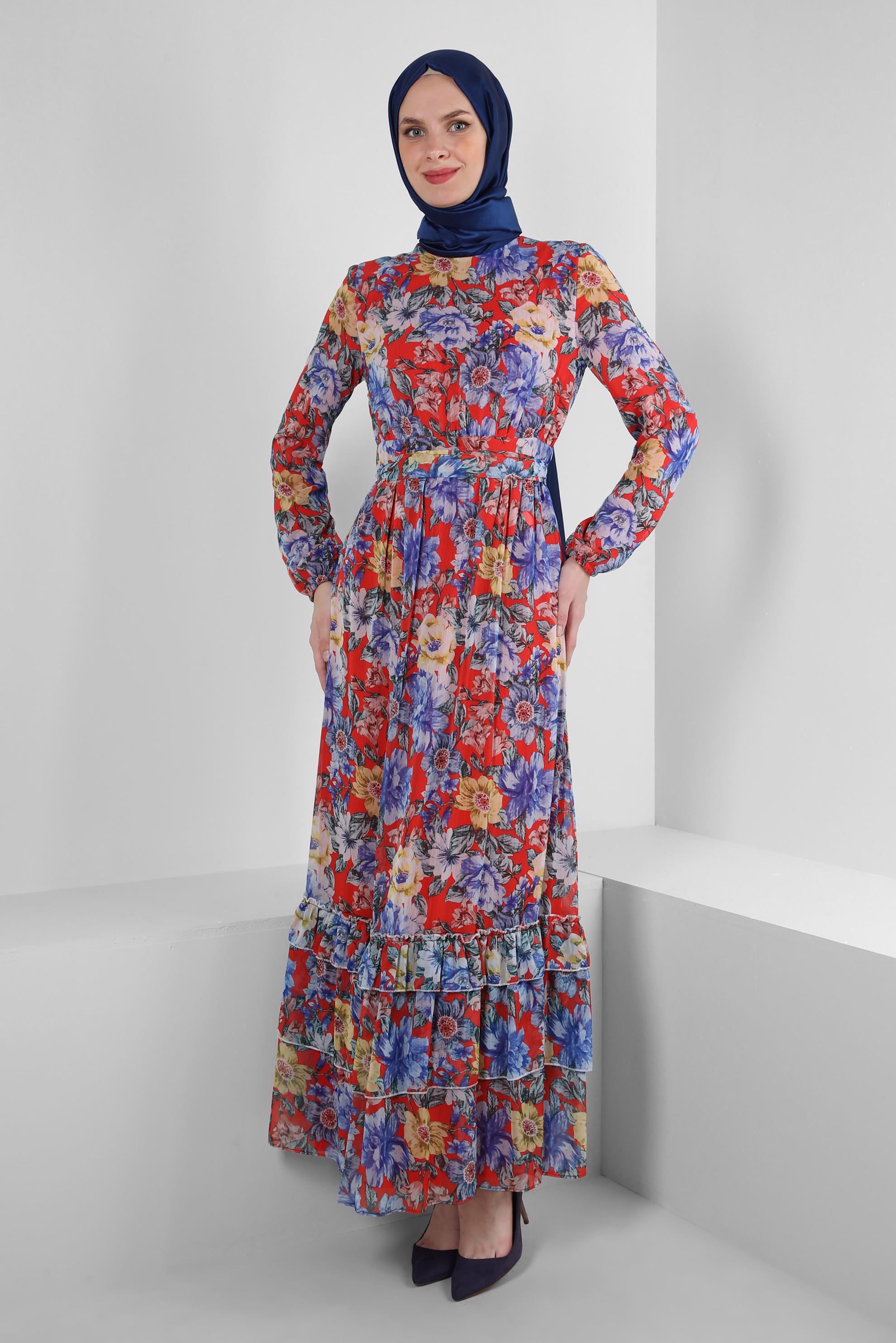 Tesettür giyim KIRMIZI ÇİÇEK DESENLİ FIRFIRLI ELBİSE 42913