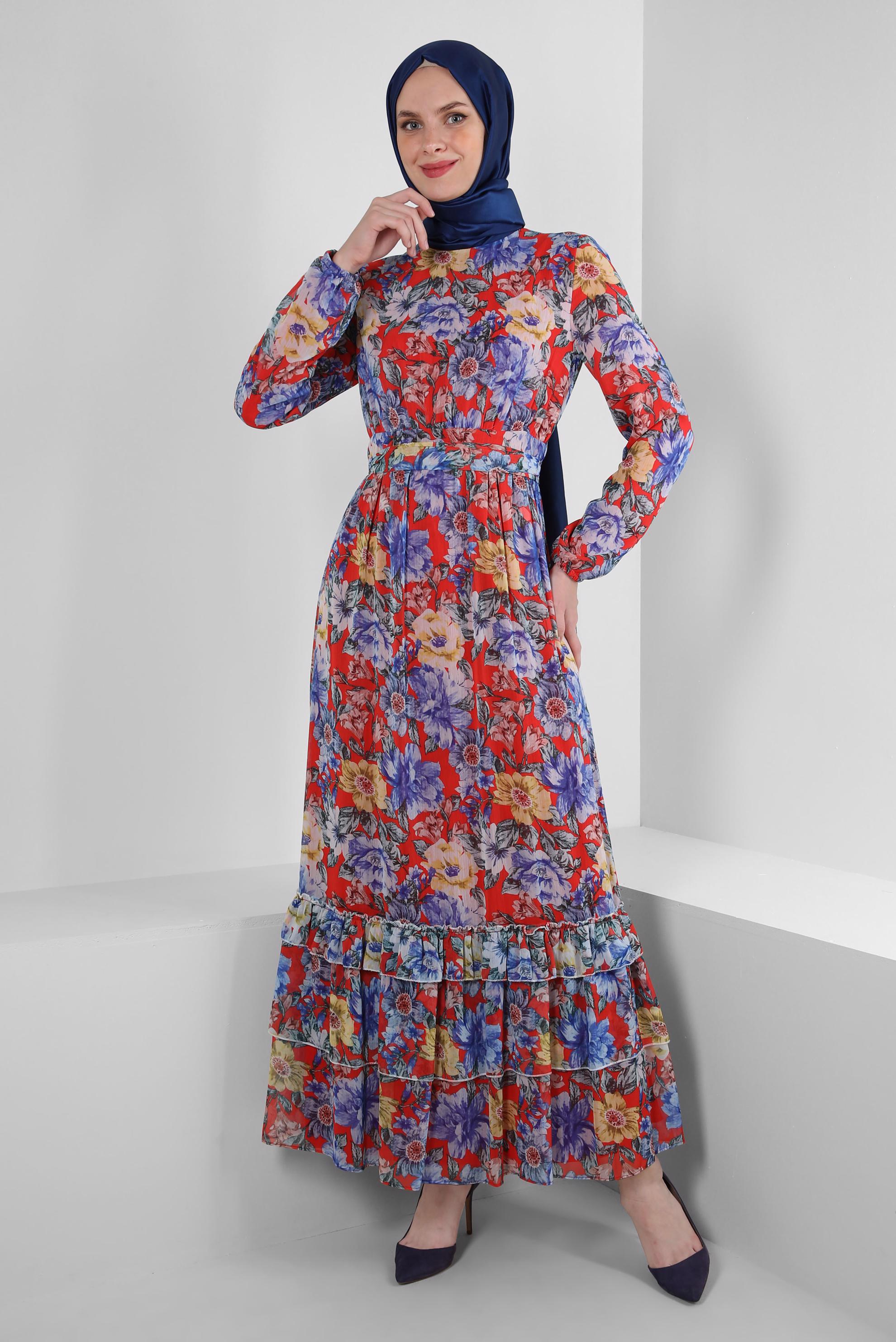 Tesettür giyim KIRMIZI ÇİÇEK DESENLİ FIRFIRLI ELBİSE 42913