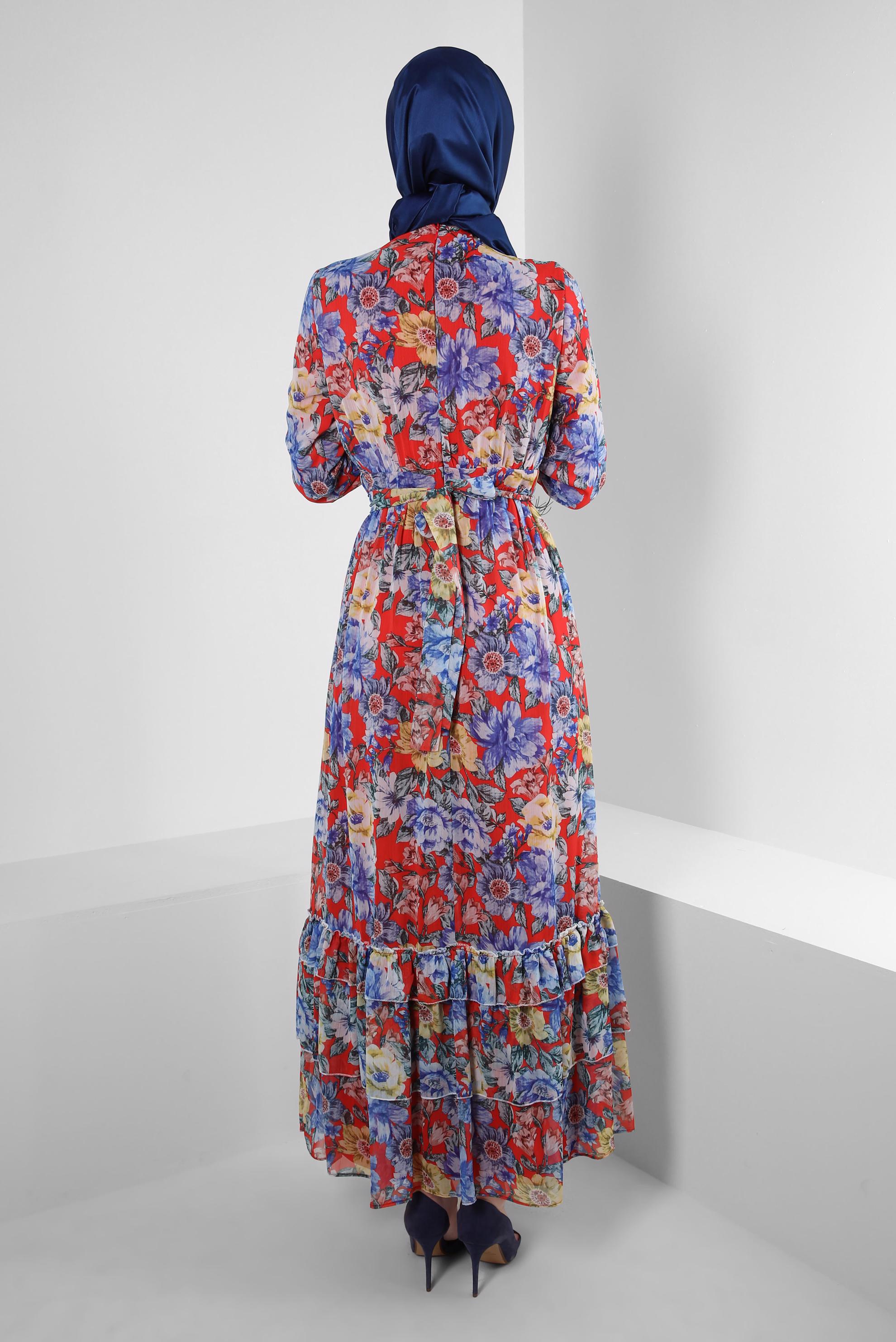 Tesettür giyim KIRMIZI ÇİÇEK DESENLİ FIRFIRLI ELBİSE 42913