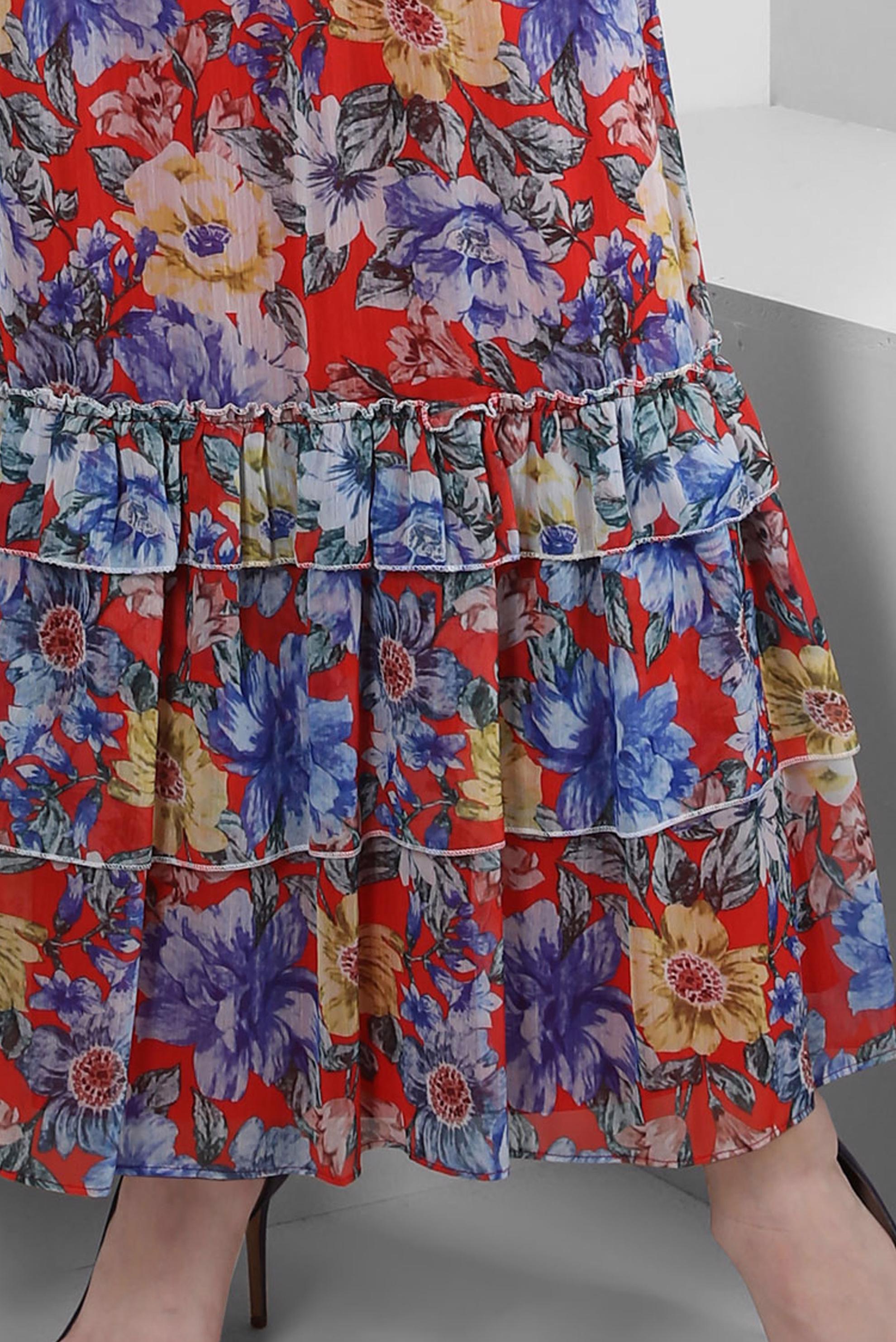 Tesettür giyim KIRMIZI ÇİÇEK DESENLİ FIRFIRLI ELBİSE 42913