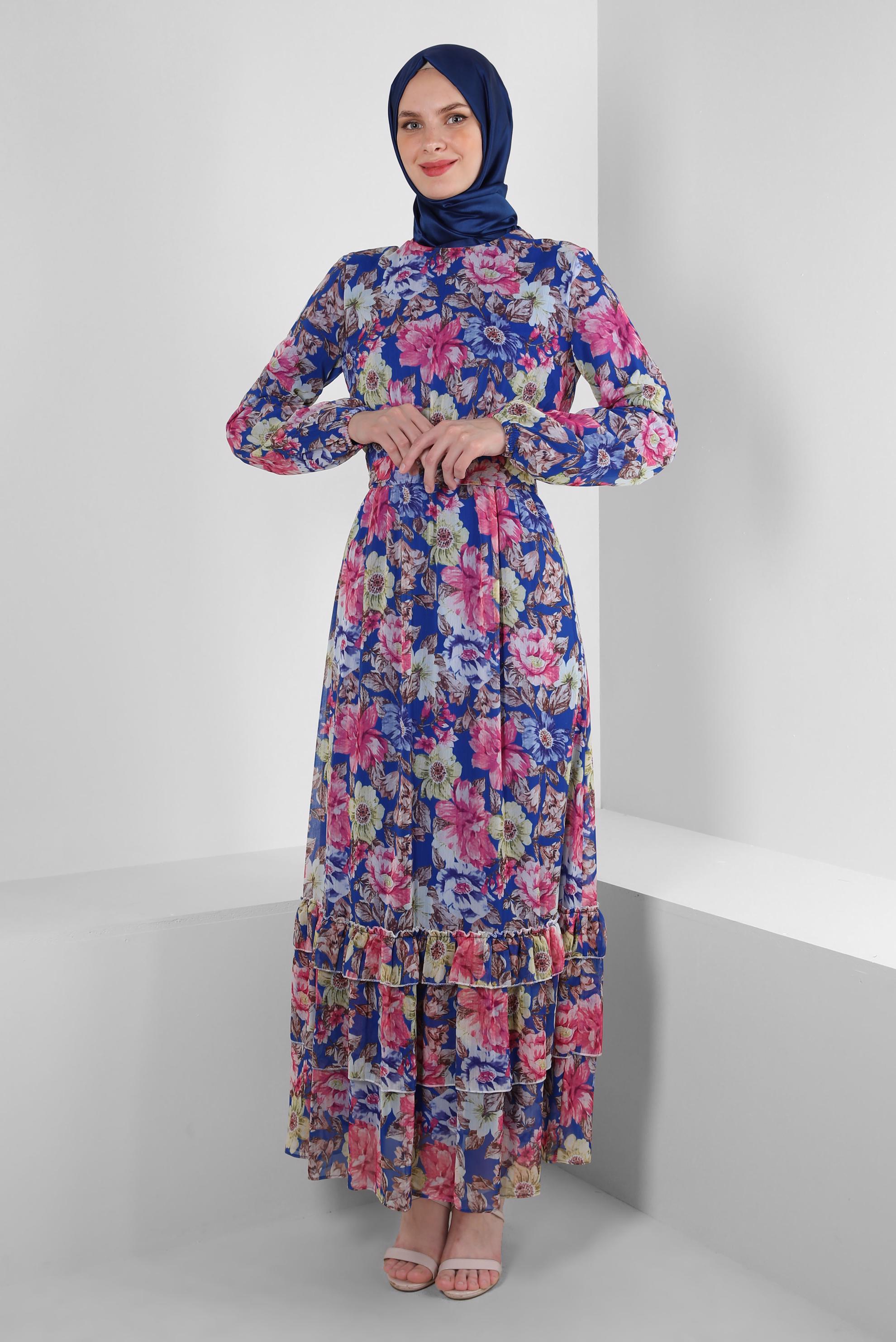 Tesettür giyim LACİVERT ÇİÇEK DESENLİ FIRFIRLI ELBİSE 42913