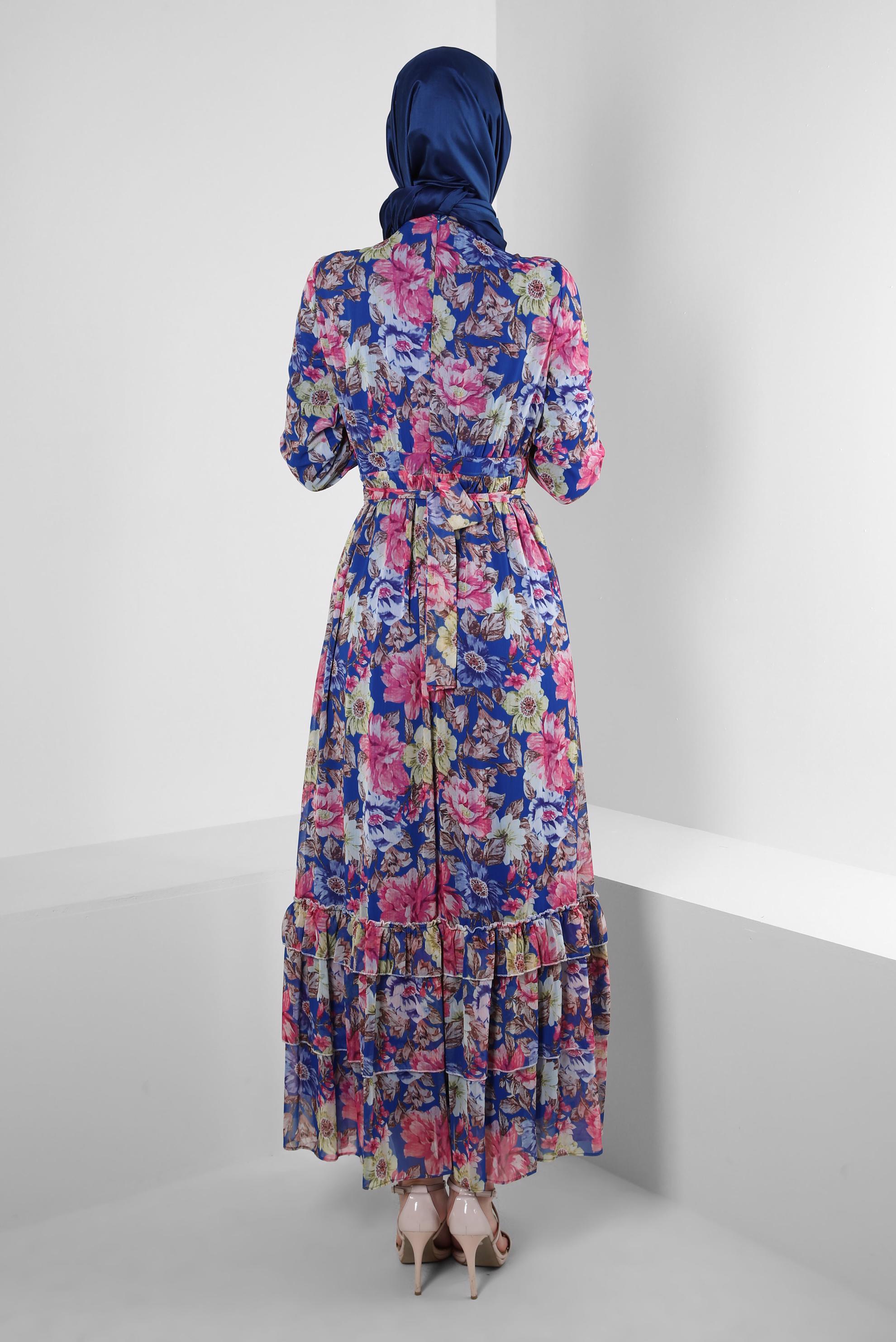 Tesettür giyim LACİVERT ÇİÇEK DESENLİ FIRFIRLI ELBİSE 42913