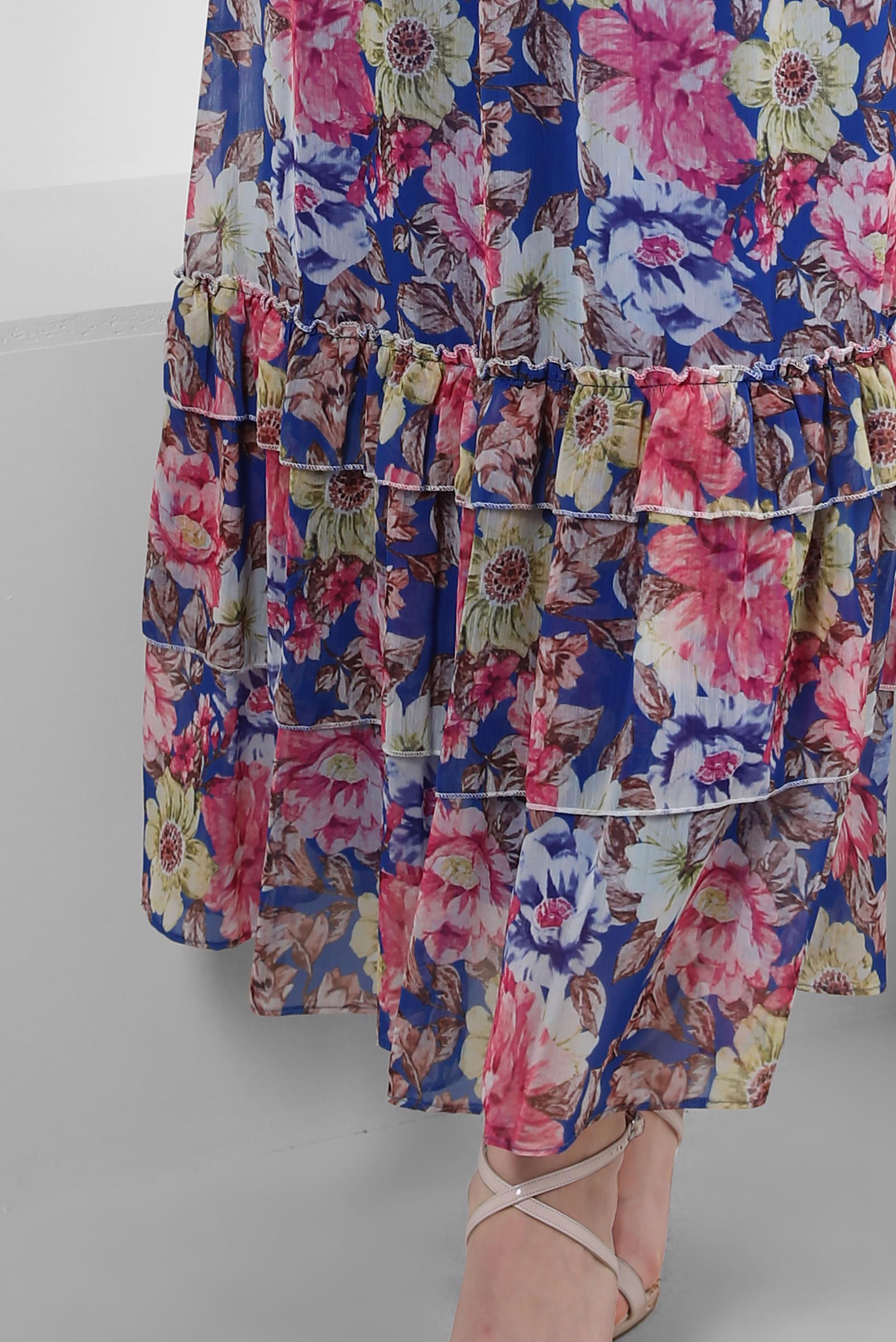 Tesettür giyim LACİVERT ÇİÇEK DESENLİ FIRFIRLI ELBİSE 42913