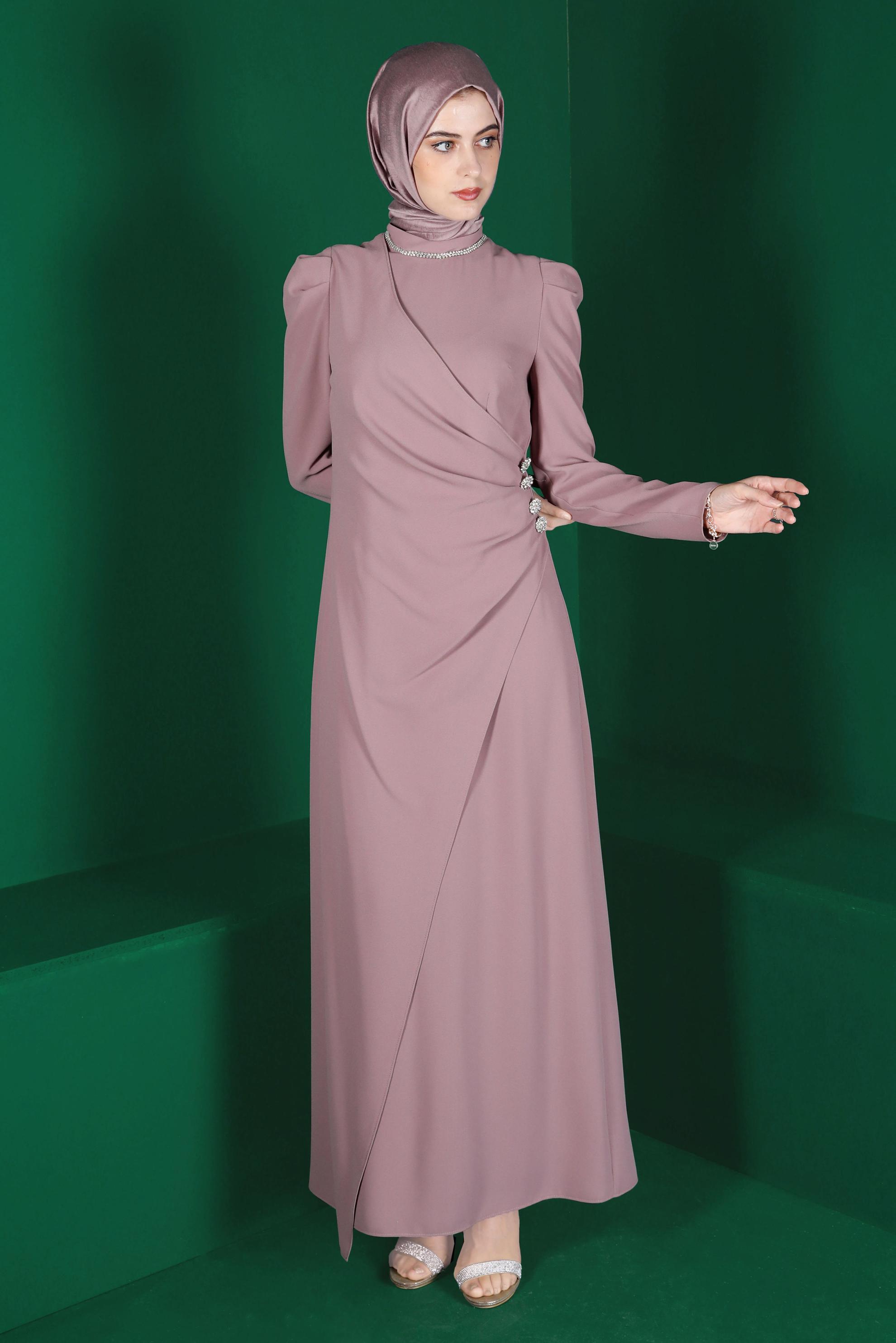 Tesettür giyim MOR BÜZGÜLÜ TAŞLI KREP ELBİSE 42916 