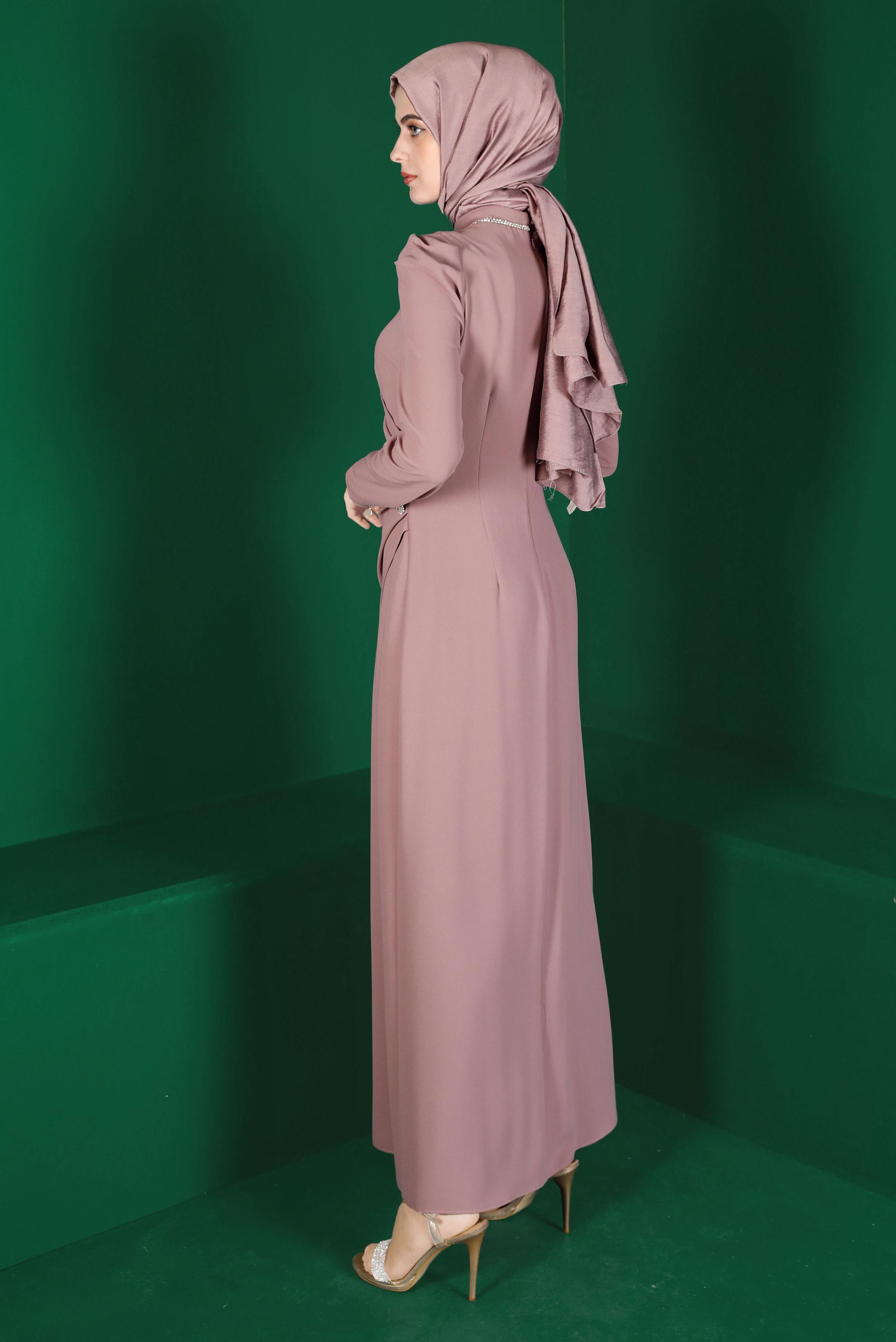 Tesettür giyim MOR BÜZGÜLÜ TAŞLI KREP ELBİSE 42916 