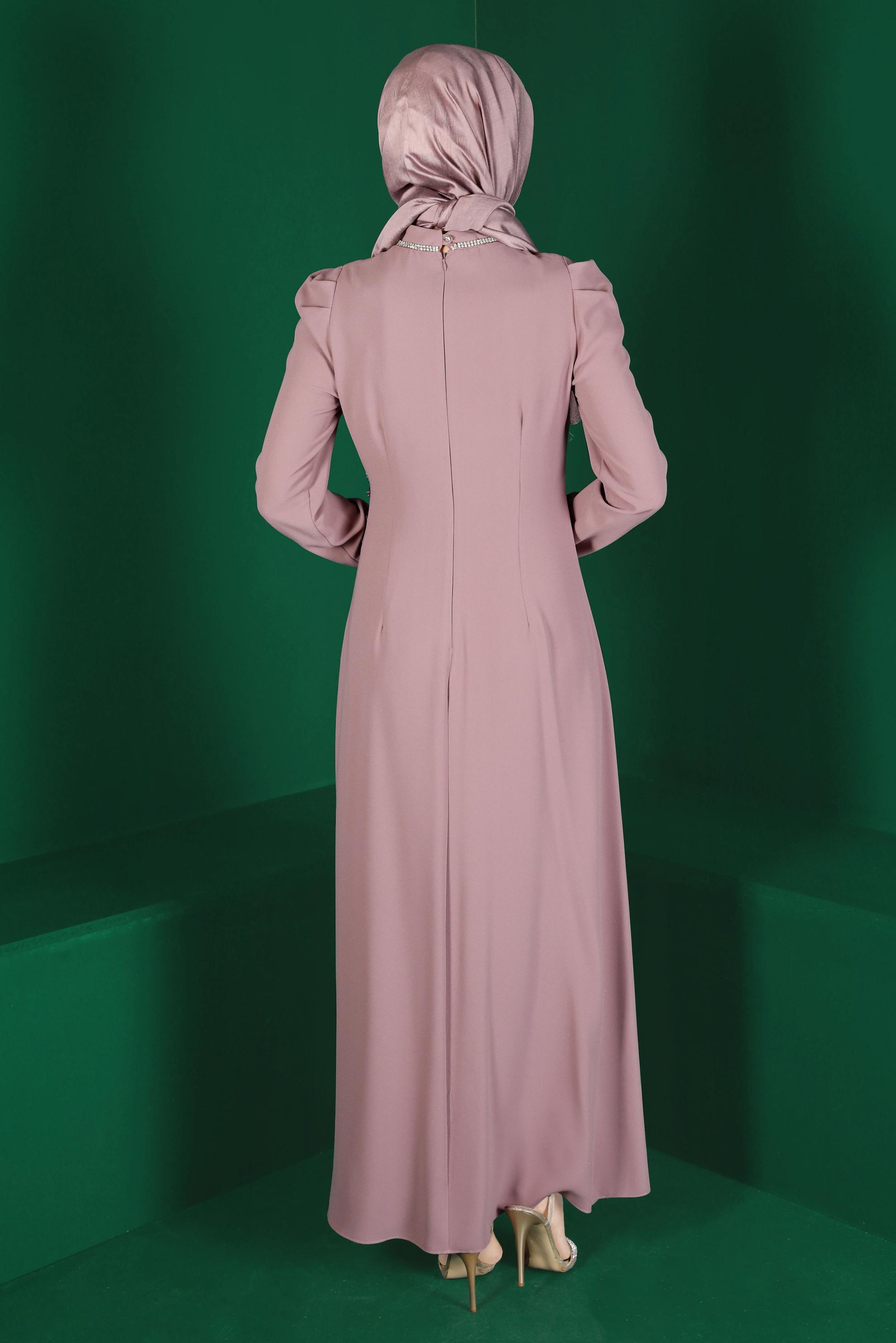 Tesettür giyim MOR BÜZGÜLÜ TAŞLI KREP ELBİSE 42916 