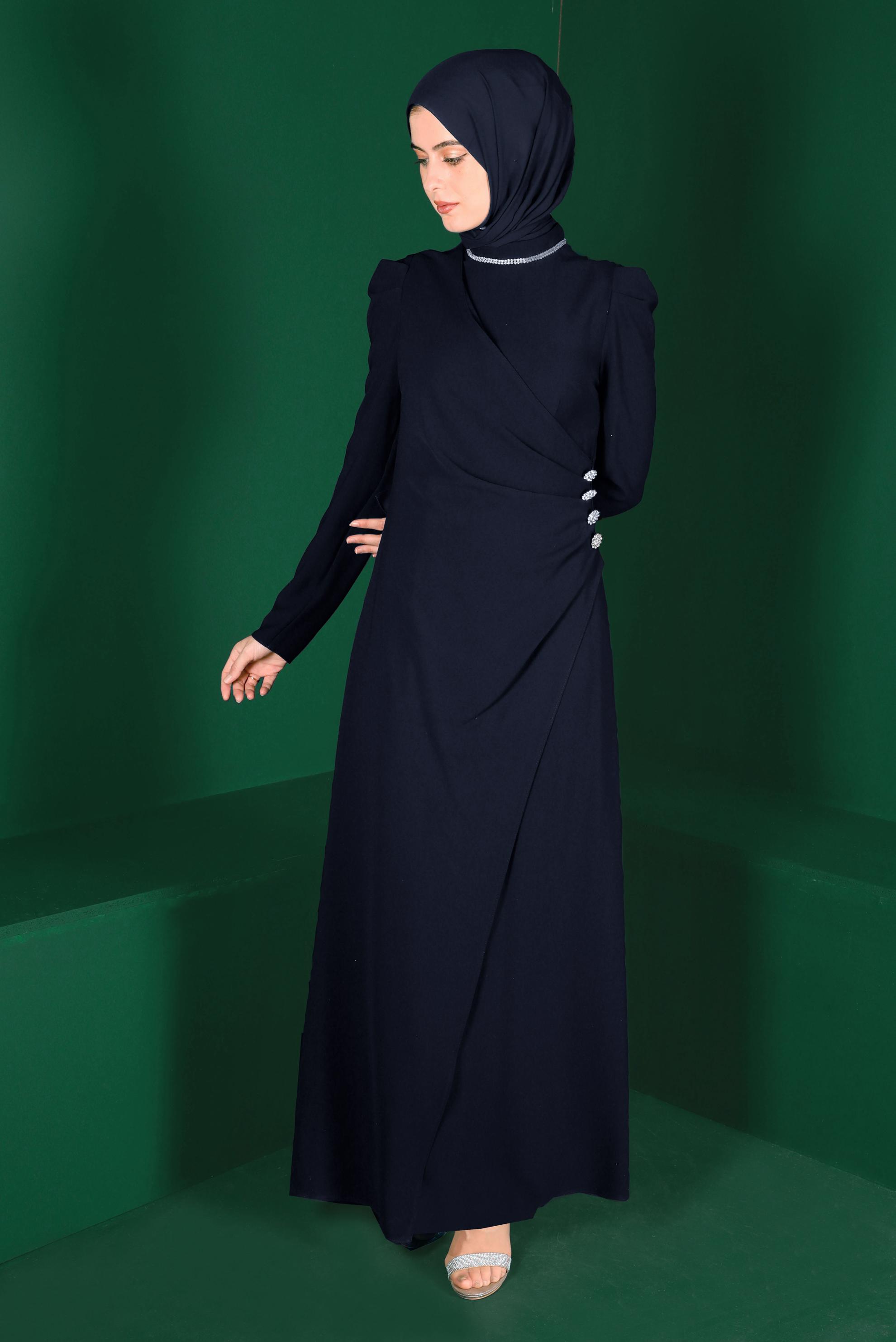 Hijab clothing NAVY BLUE GEM DETAIL SMOCKED CREPE DRESS 42916 