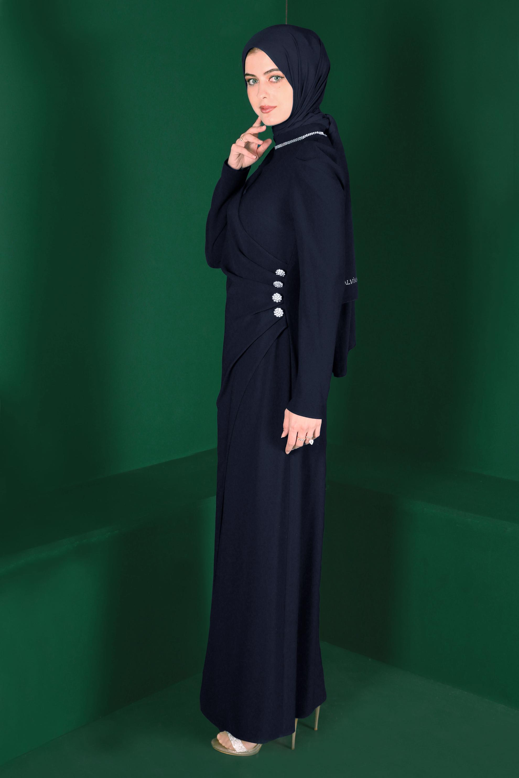 Hijab clothing NAVY BLUE GEM DETAIL SMOCKED CREPE DRESS 42916 