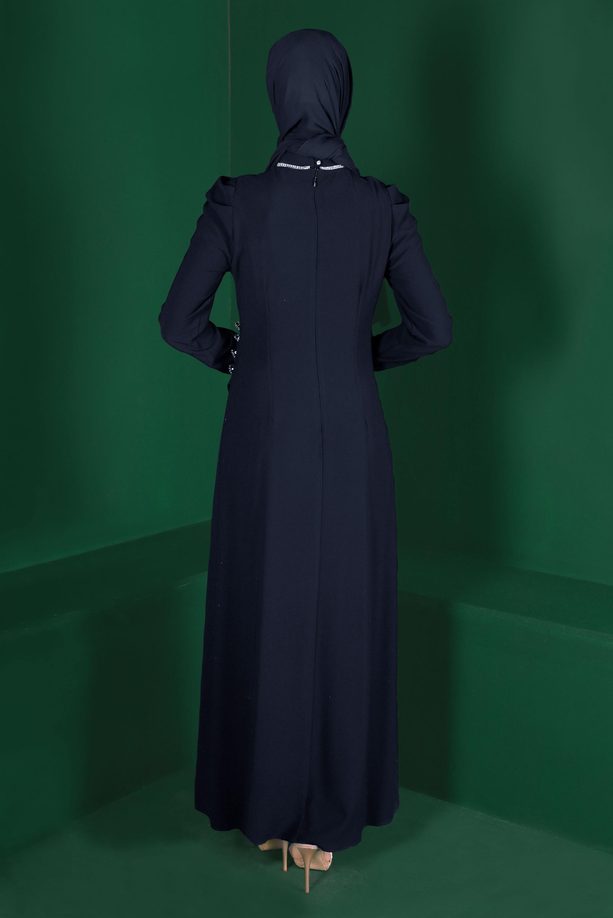 Hijab clothing NAVY BLUE GEM DETAIL SMOCKED CREPE DRESS 42916 