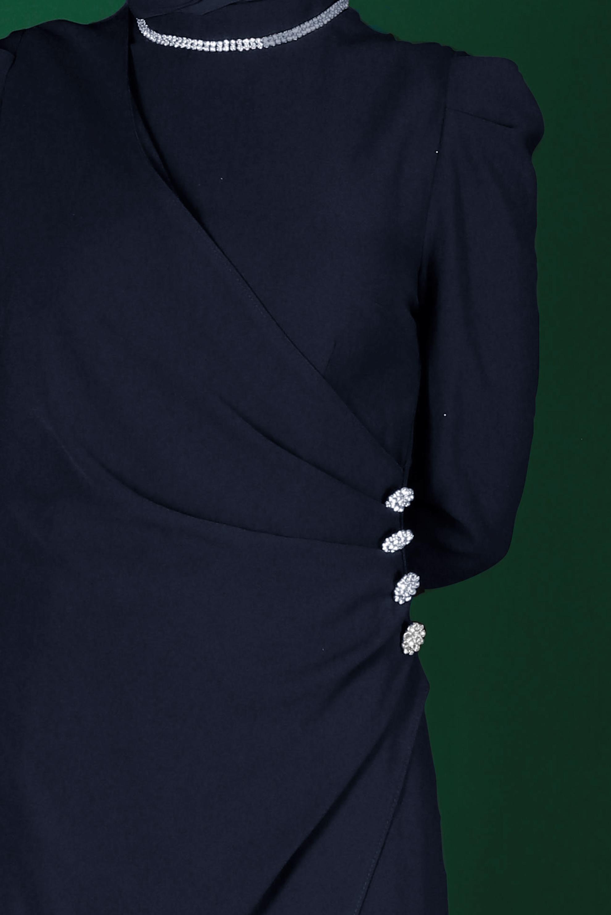 Hijab clothing NAVY BLUE GEM DETAIL SMOCKED CREPE DRESS 42916 