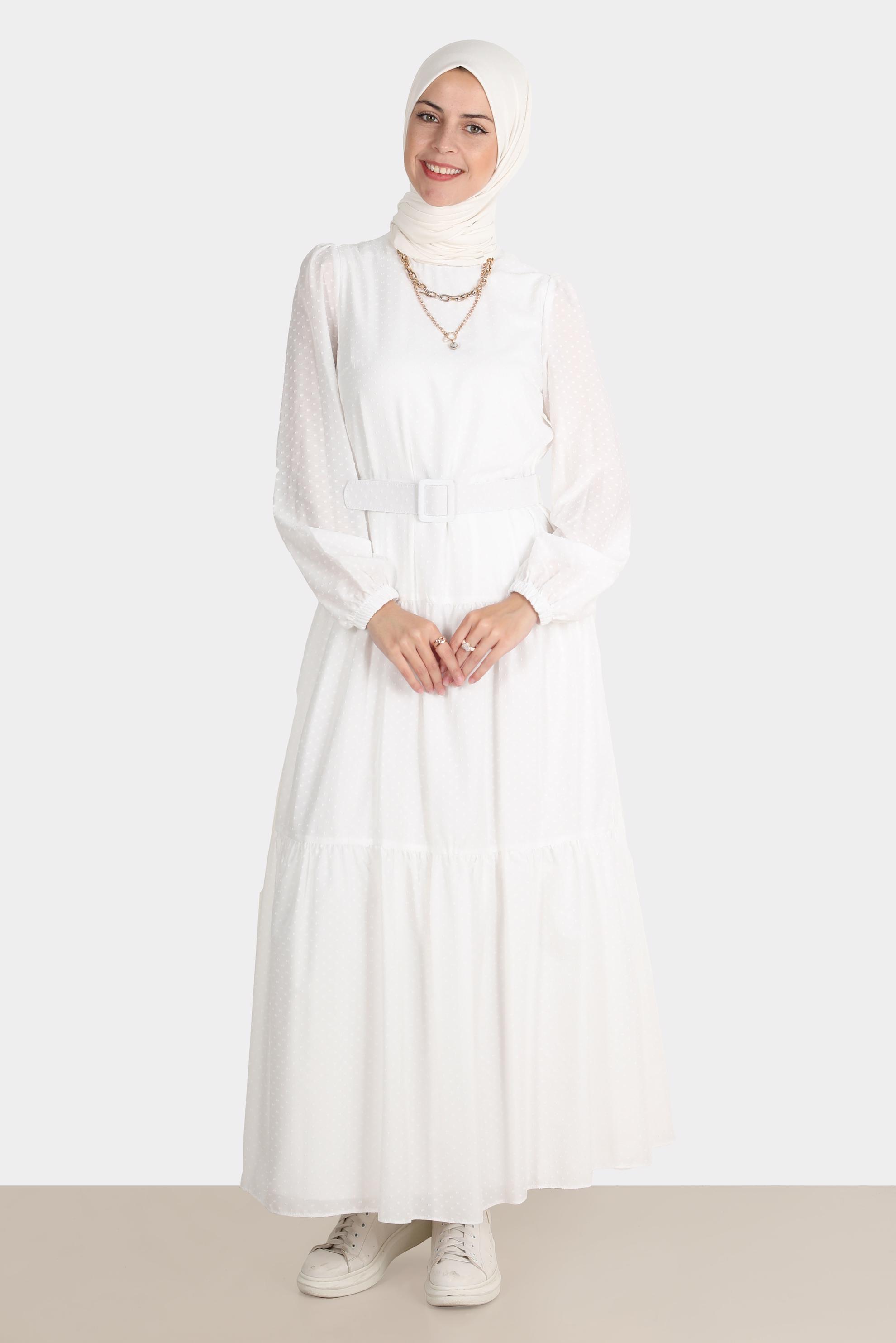 Hijab clothing WHITE BELTED TIERED DRESS 42921 