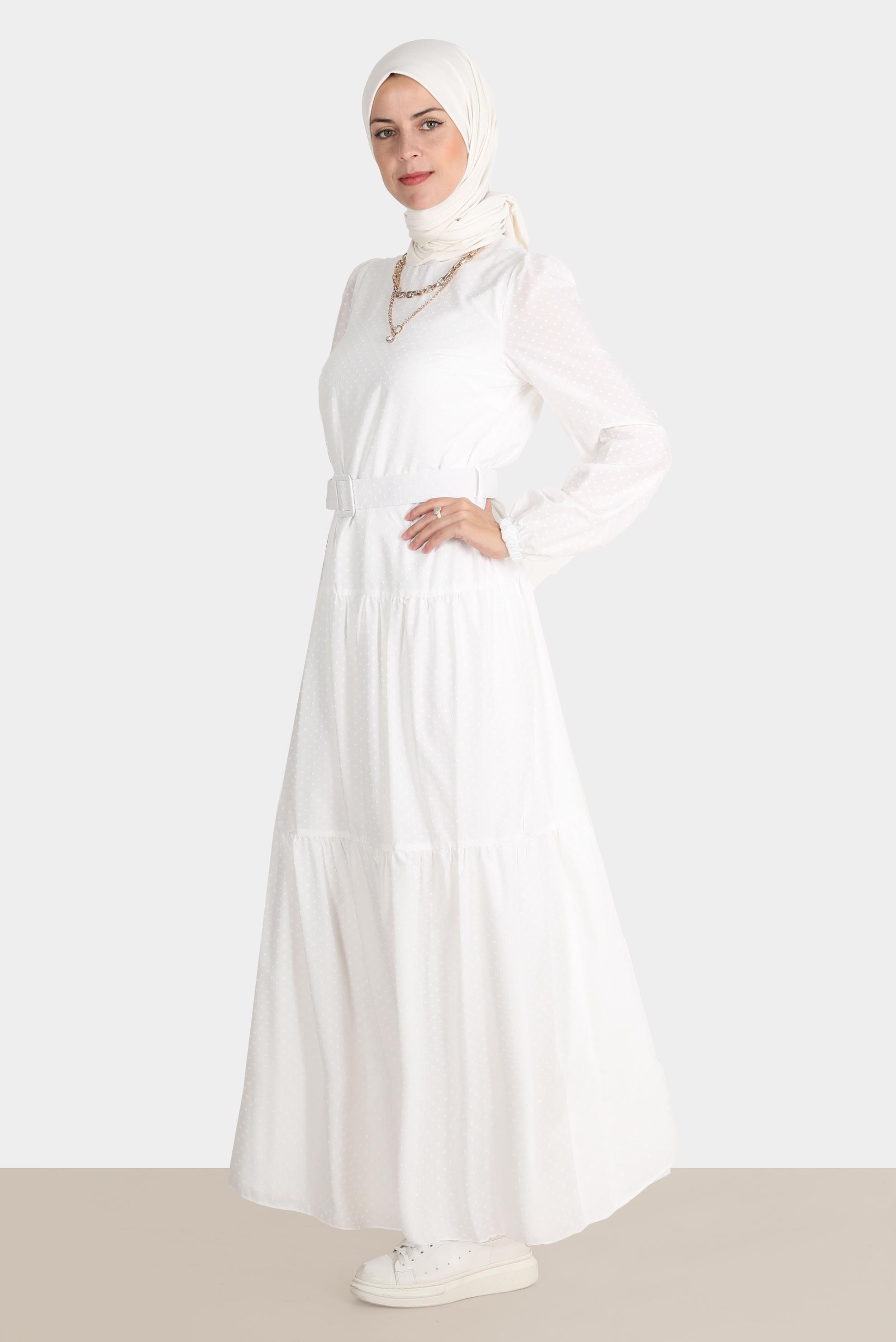 Hijab clothing WHITE BELTED TIERED DRESS 42921 