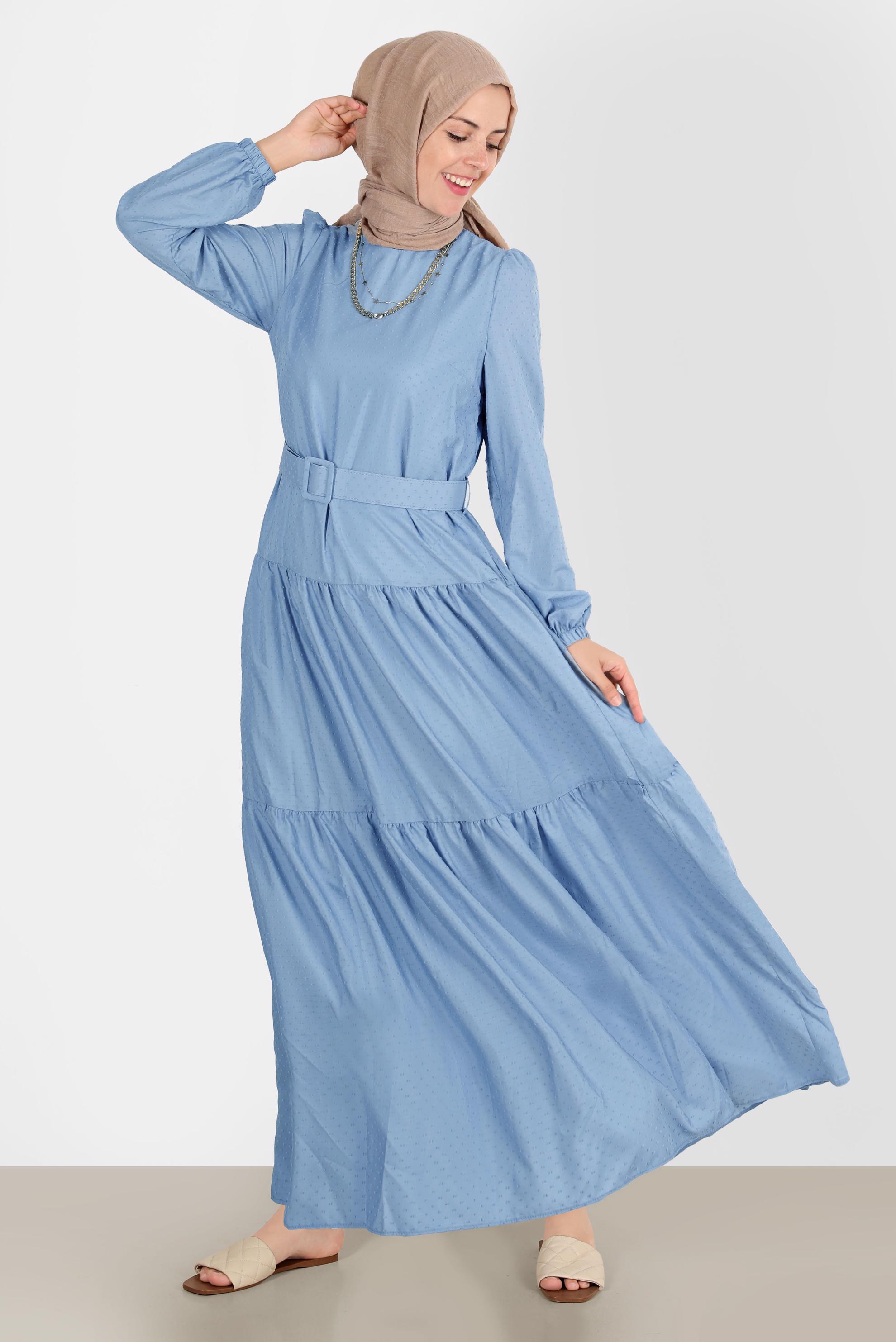 Tesettür giyim MAVİ KEMERLİ KATLI ELBİSE 42921 