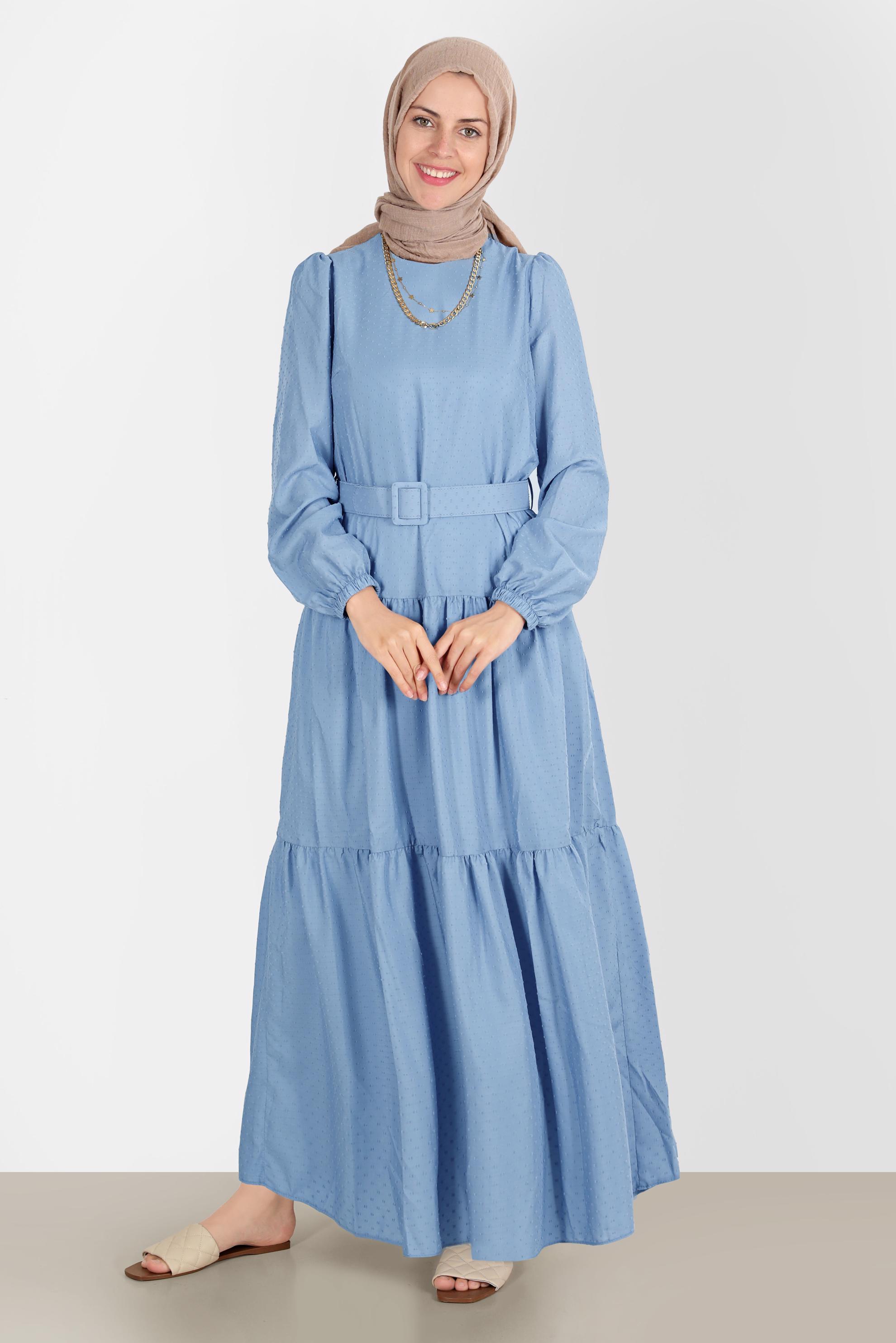 Tesettür giyim MAVİ KEMERLİ KATLI ELBİSE 42921 