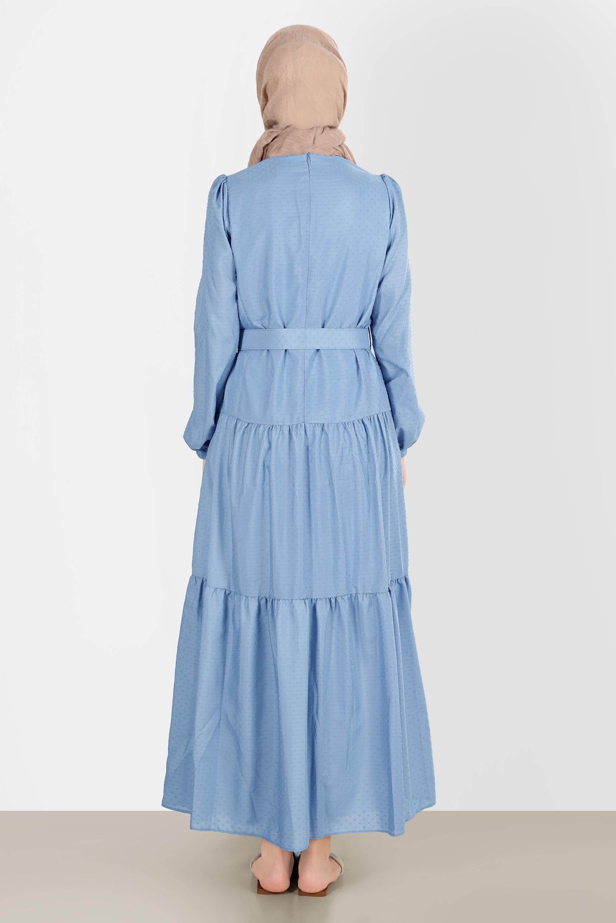 Tesettür giyim MAVİ KEMERLİ KATLI ELBİSE 42921 