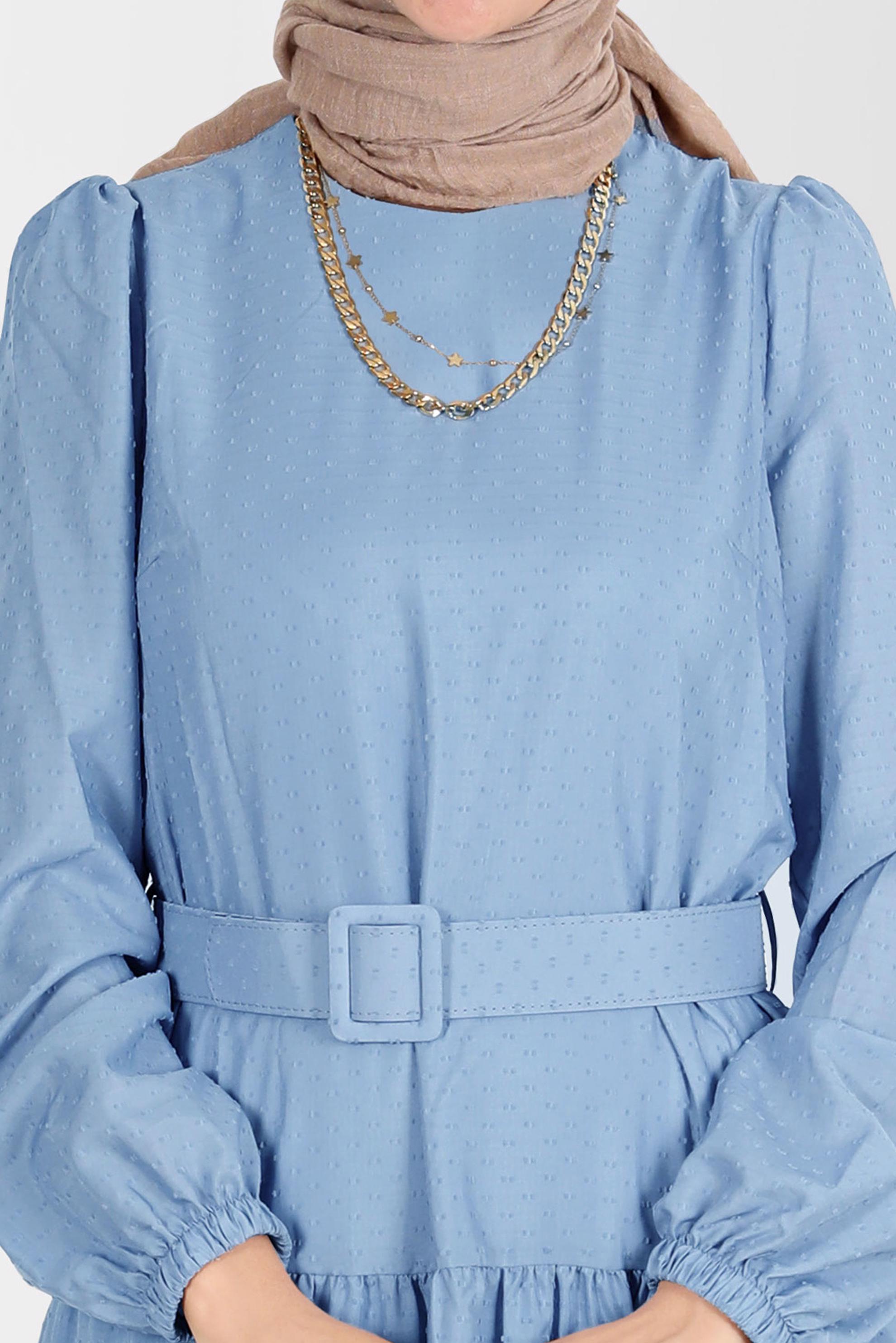 Tesettür giyim MAVİ KEMERLİ KATLI ELBİSE 42921 