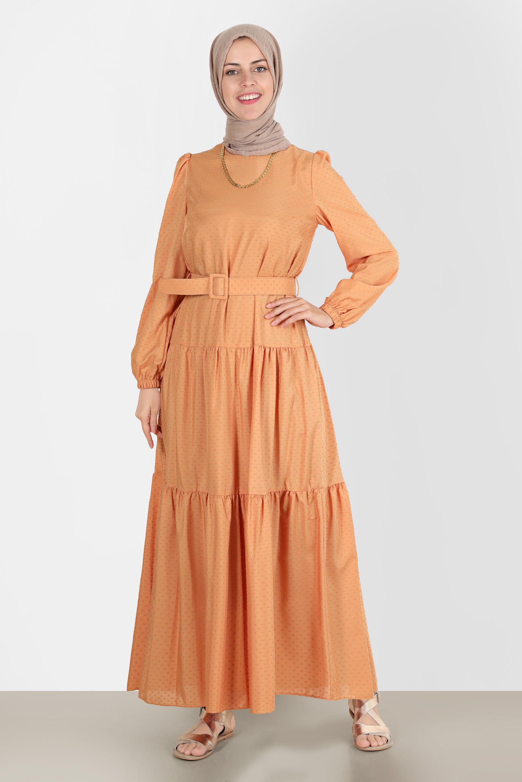 Tesettür giyim SARI KEMERLİ KATLI ELBİSE 42921 